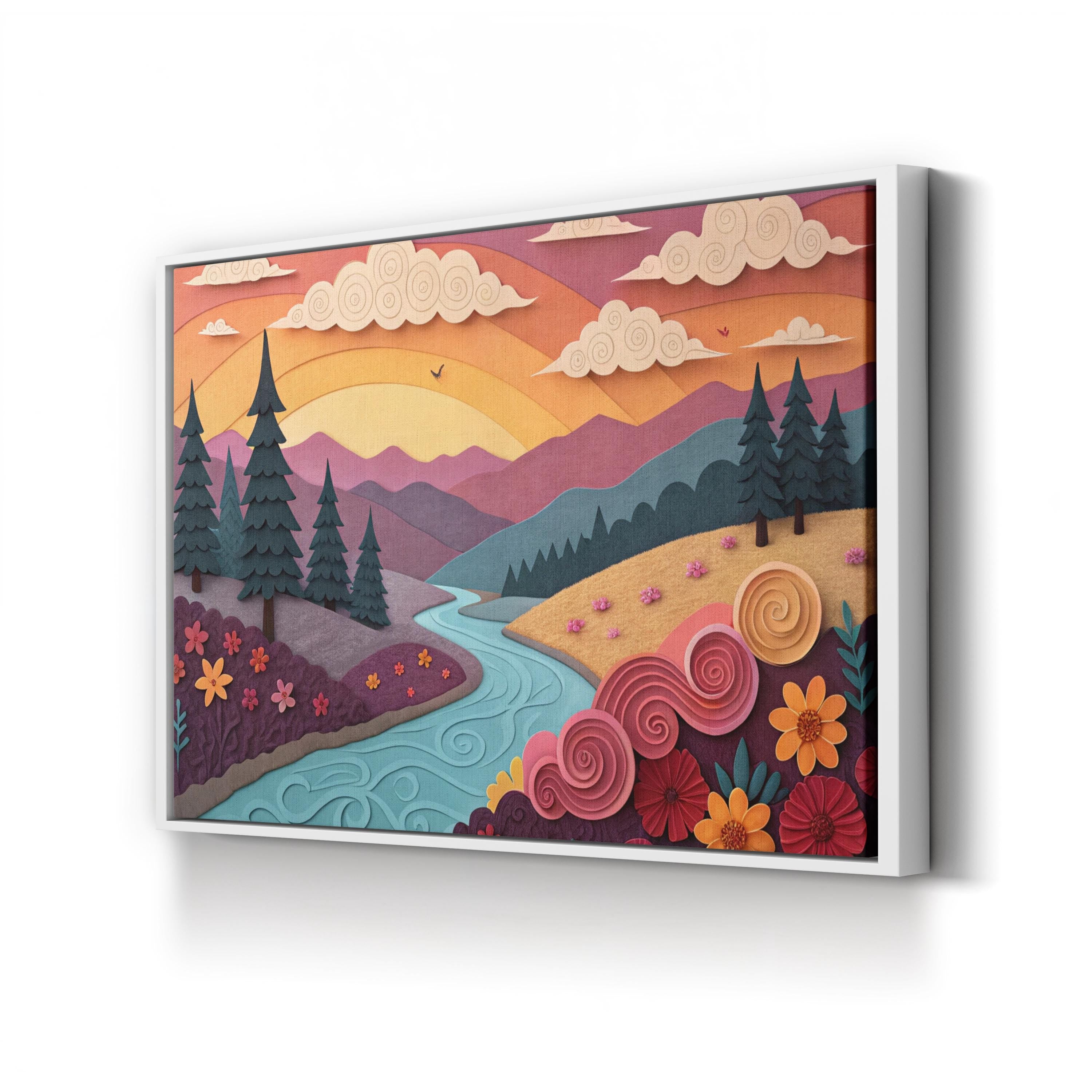River Sunset Landscape – Period Illustration Wall Art | Vibrant Nature Canvas Print