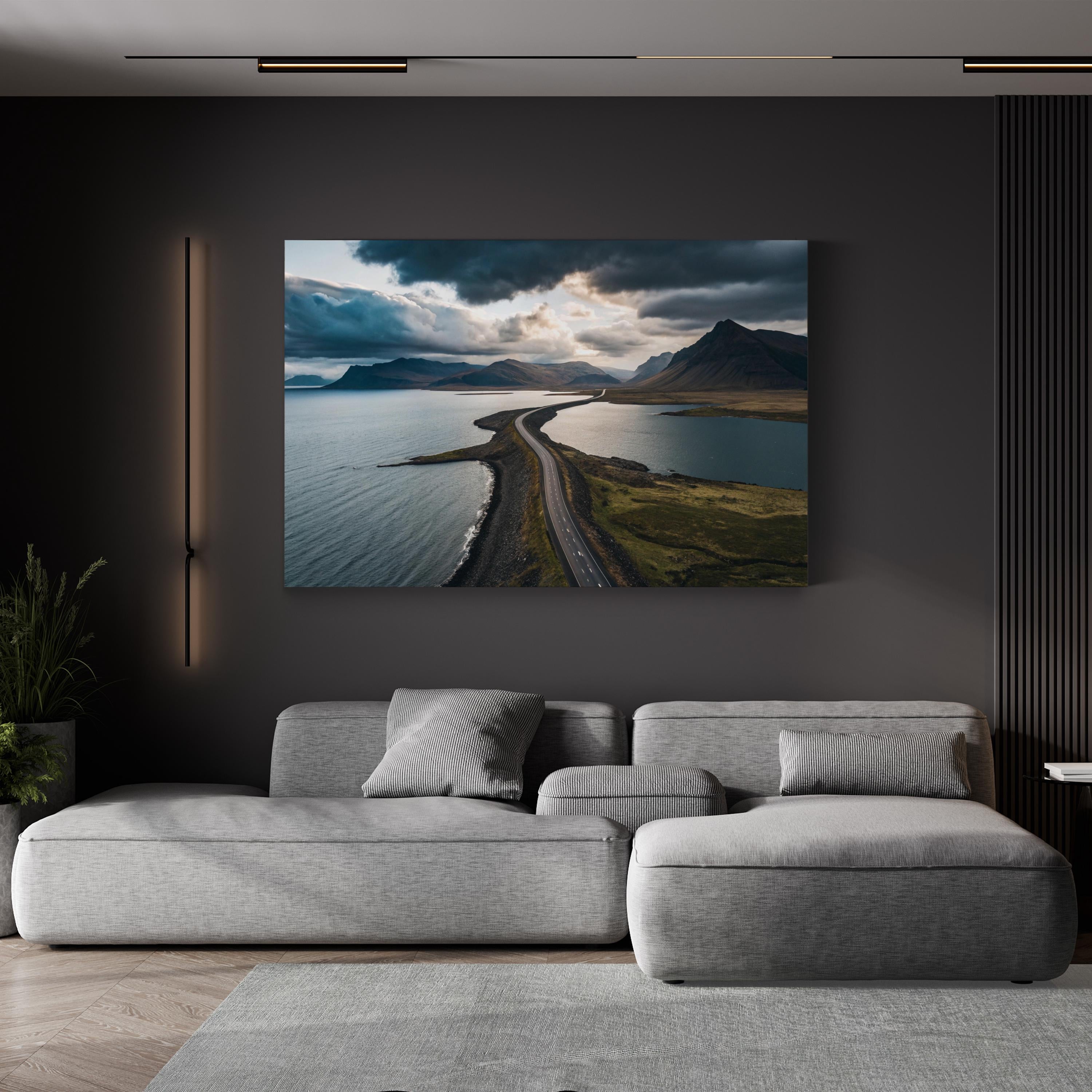 Mountain Lake Scenic Road Canvas Wall Art — Modern Landscape Print, Nature Photography