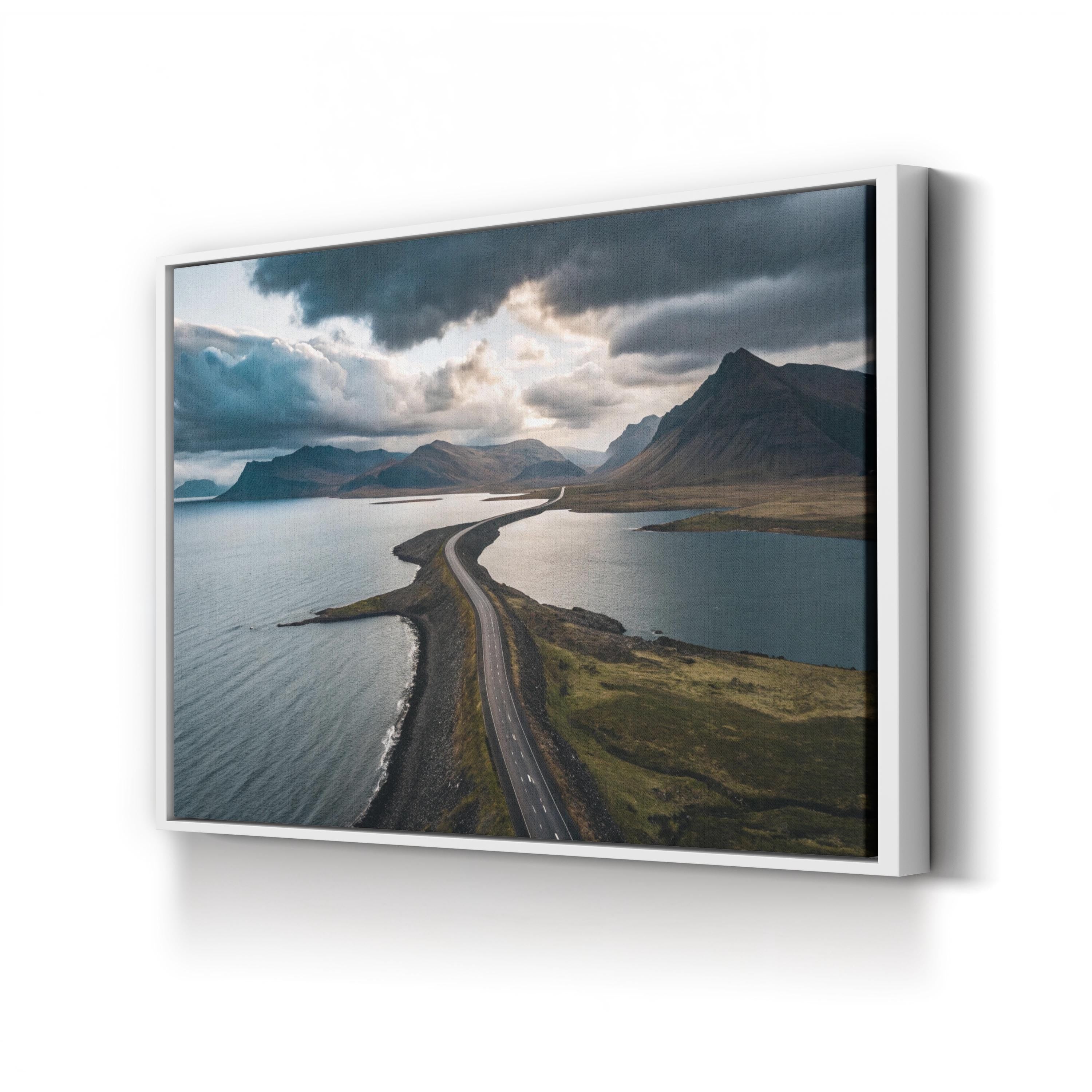 Mountain Lake Scenic Road Canvas Wall Art — Modern Landscape Print, Nature Photography