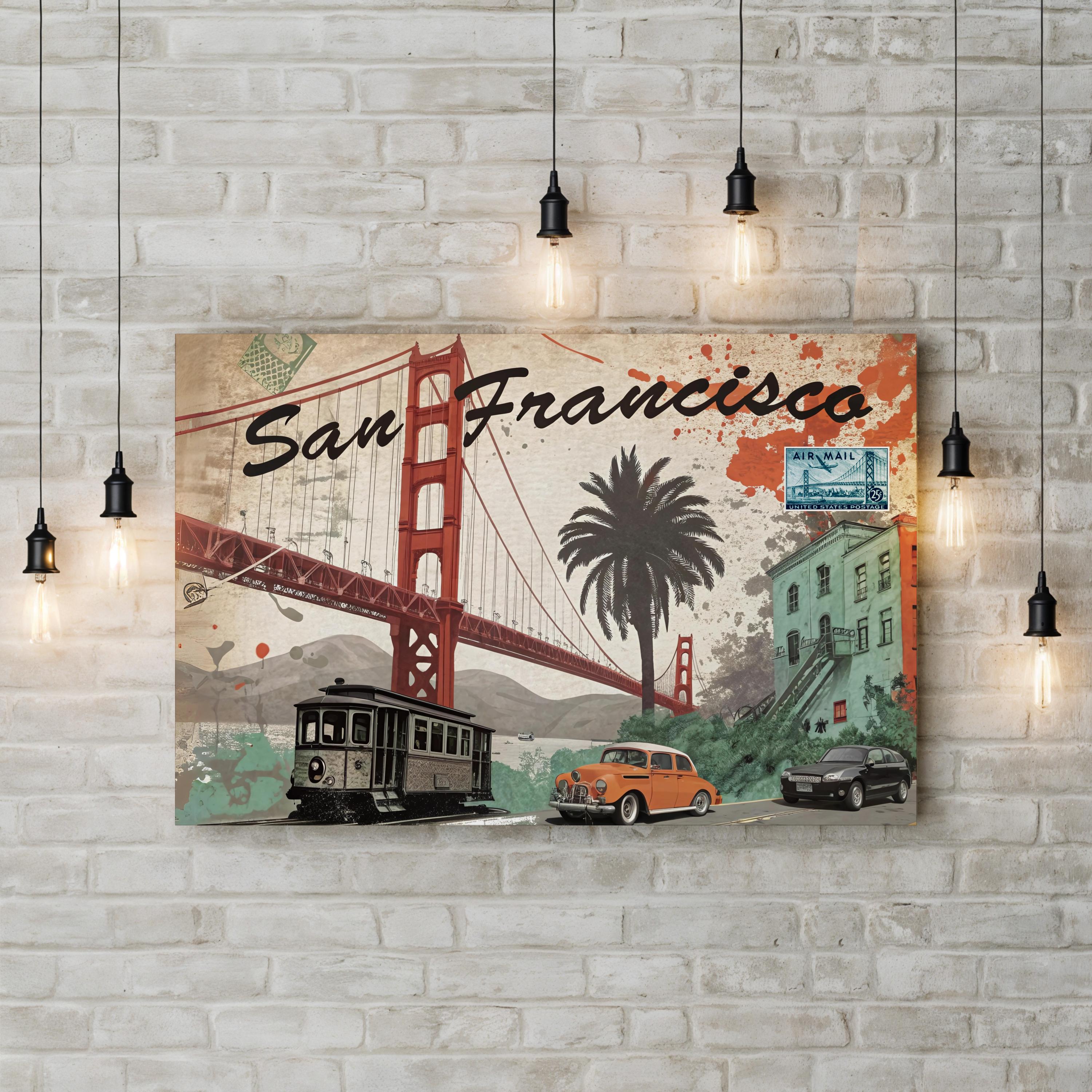 Golden Gate Travel Collage – Period Illustration Wall Art | San Francisco Canvas Print