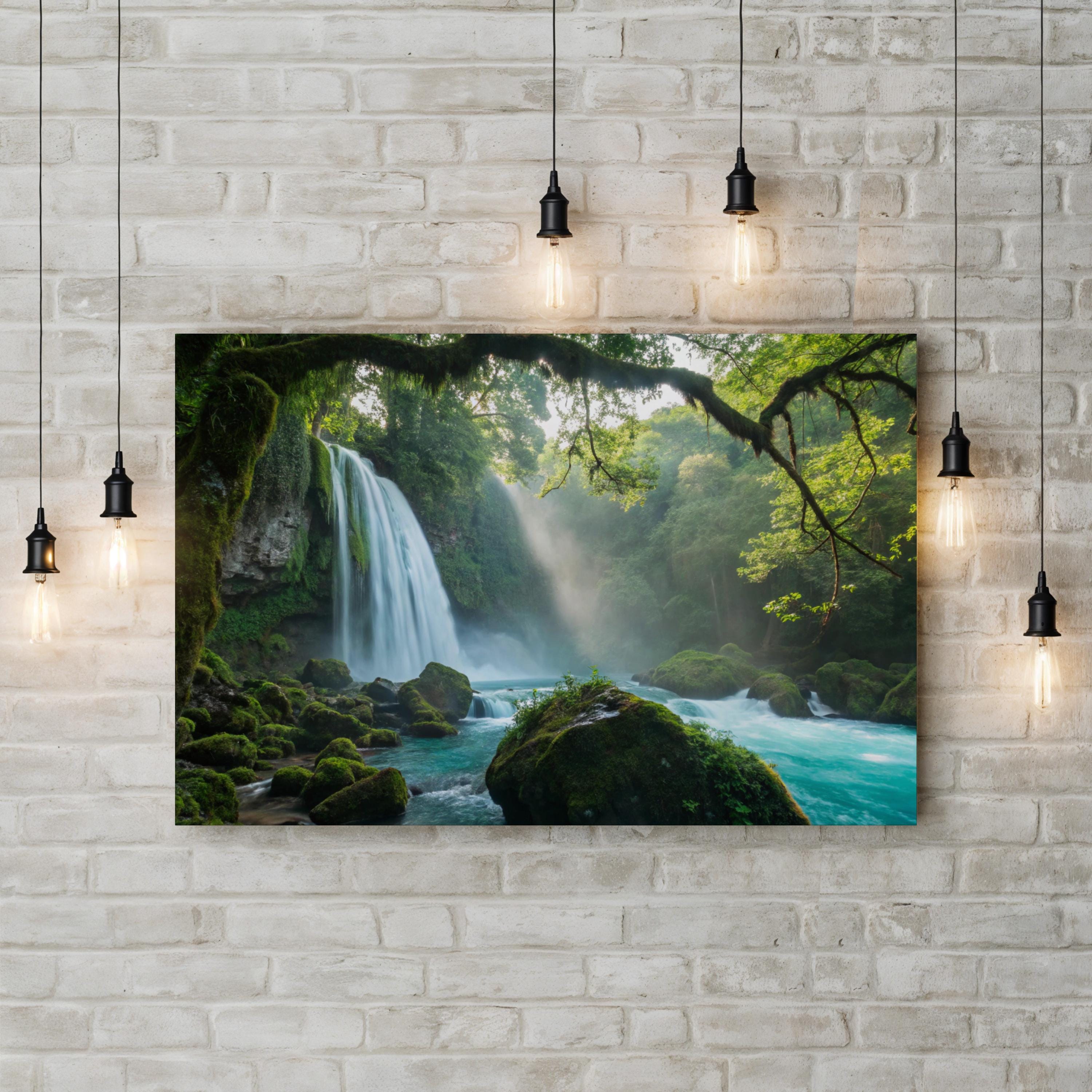 Majestic Waterfall Green Forest – Vintage Photography Wall Art | Landscape Canvas Print