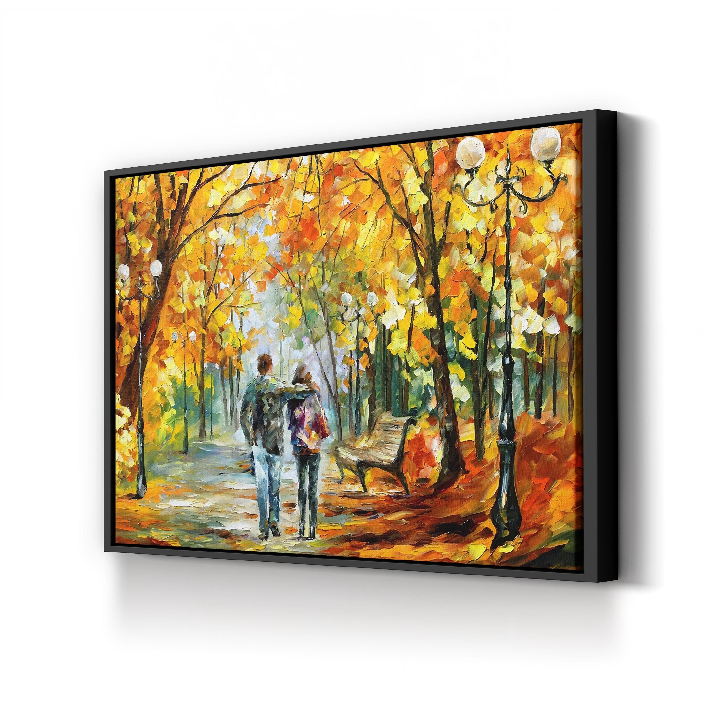Autumn Walk Park Sunset – Period Illustration Wall Art | Warm Fall Landscape Canvas Print