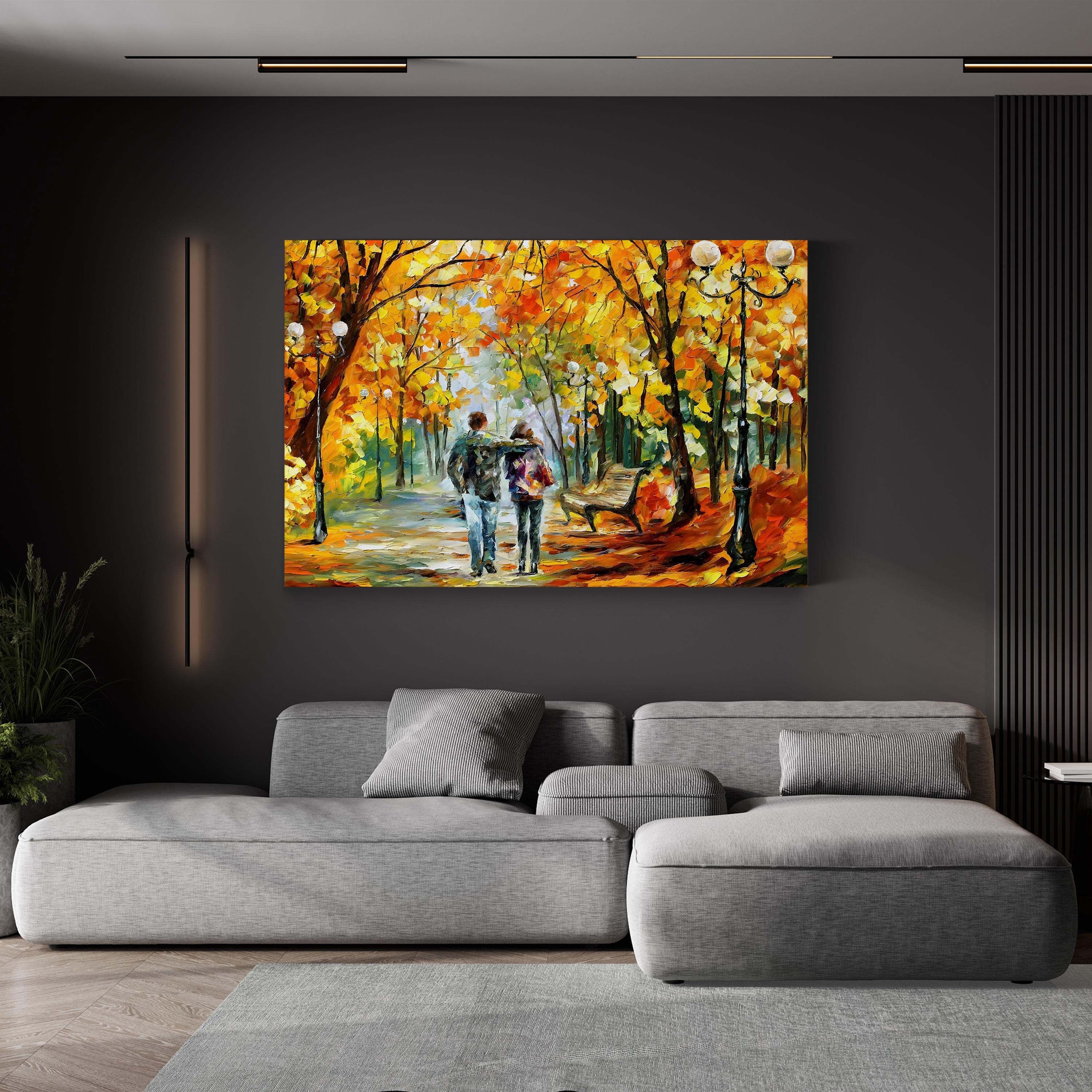 Autumn Walk Park Sunset – Period Illustration Wall Art | Warm Fall Landscape Canvas Print