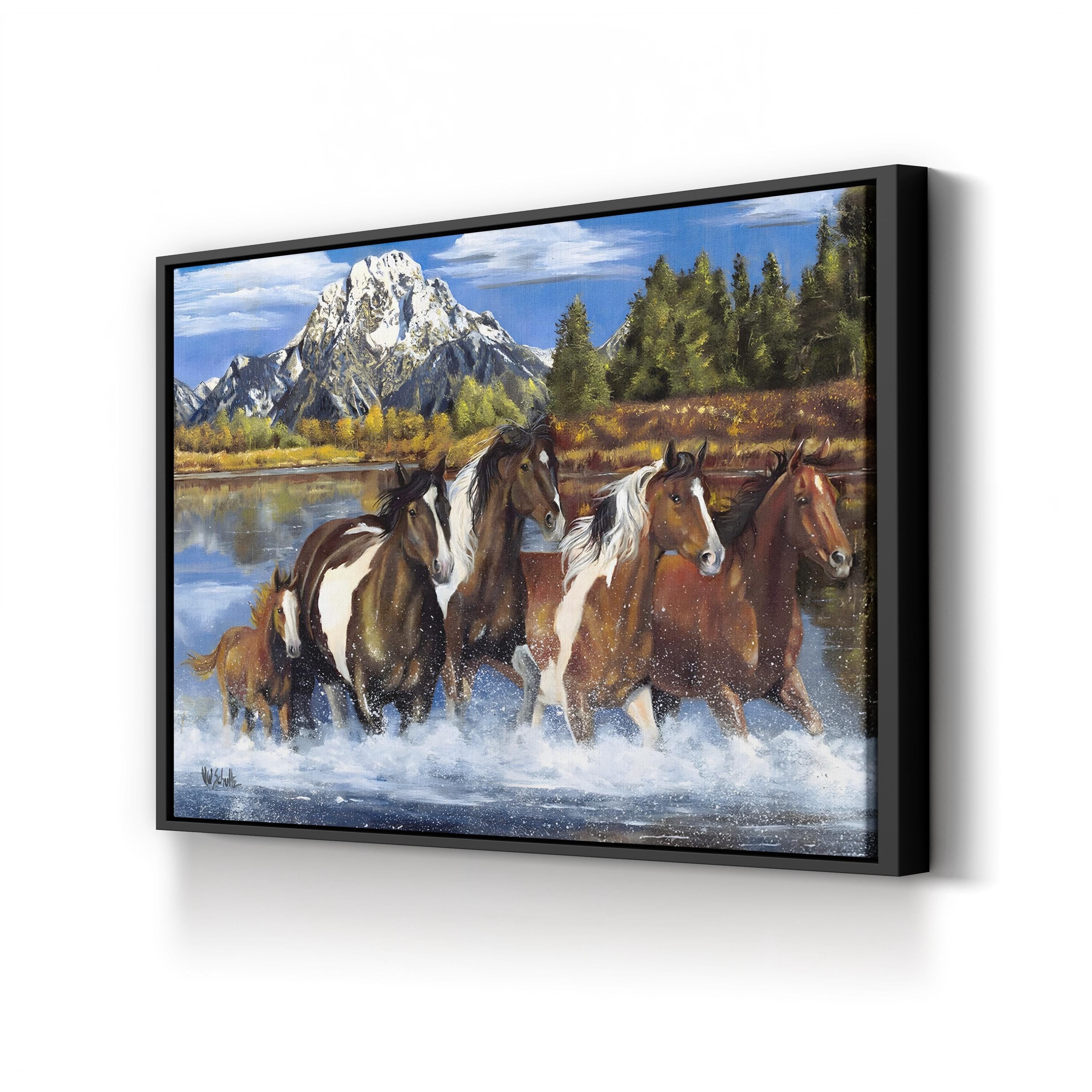 Western Horses Crossing the River – Period Illustration Wall Art | Rustic Cowboy Canvas Print