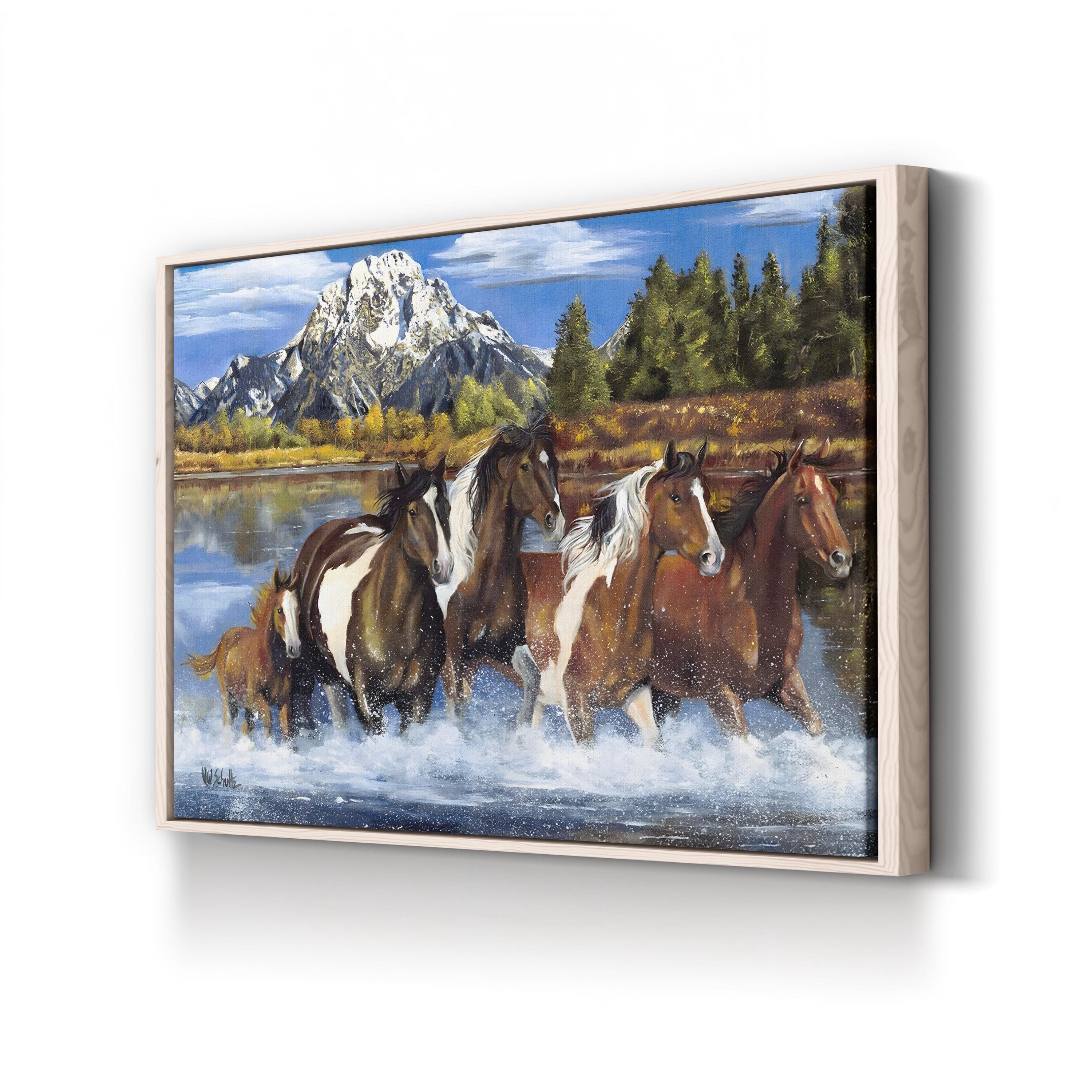 Western Horses Crossing the River – Period Illustration Wall Art | Rustic Cowboy Canvas Print