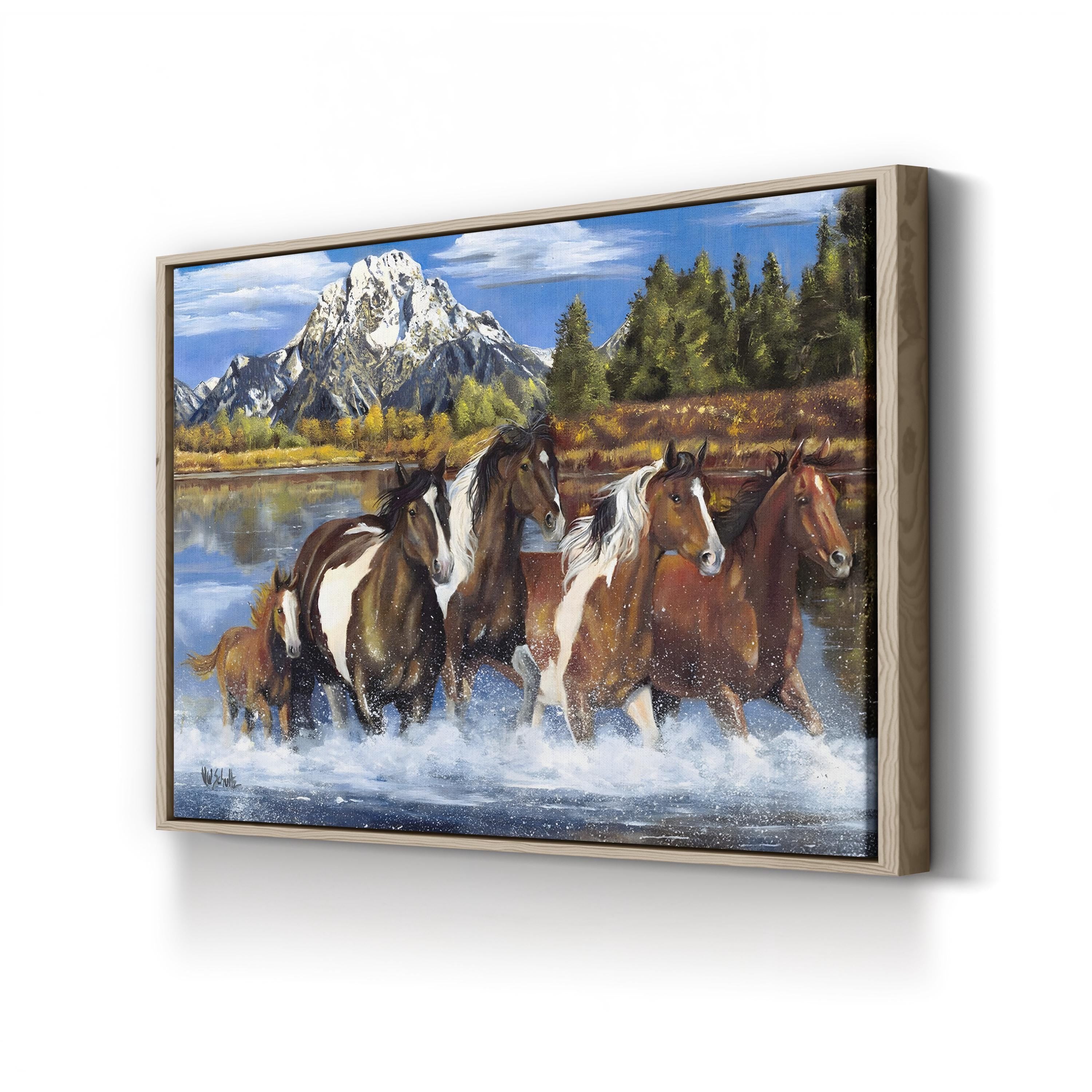 Western Horses Crossing the River – Period Illustration Wall Art | Rustic Cowboy Canvas Print