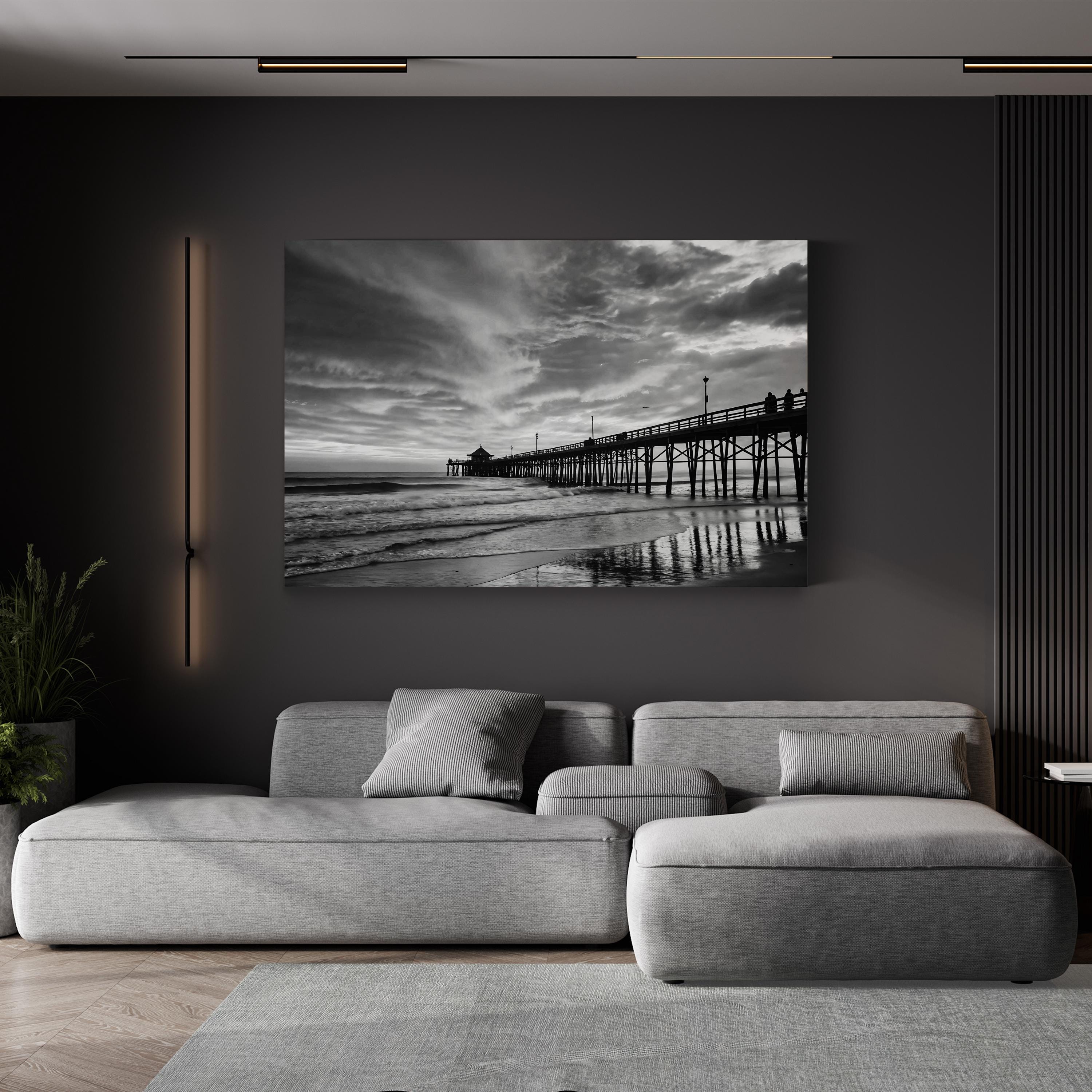 Black & White Pier Sunset – Vintage Photography Wall Art | Coastal Seascape Canvas Print