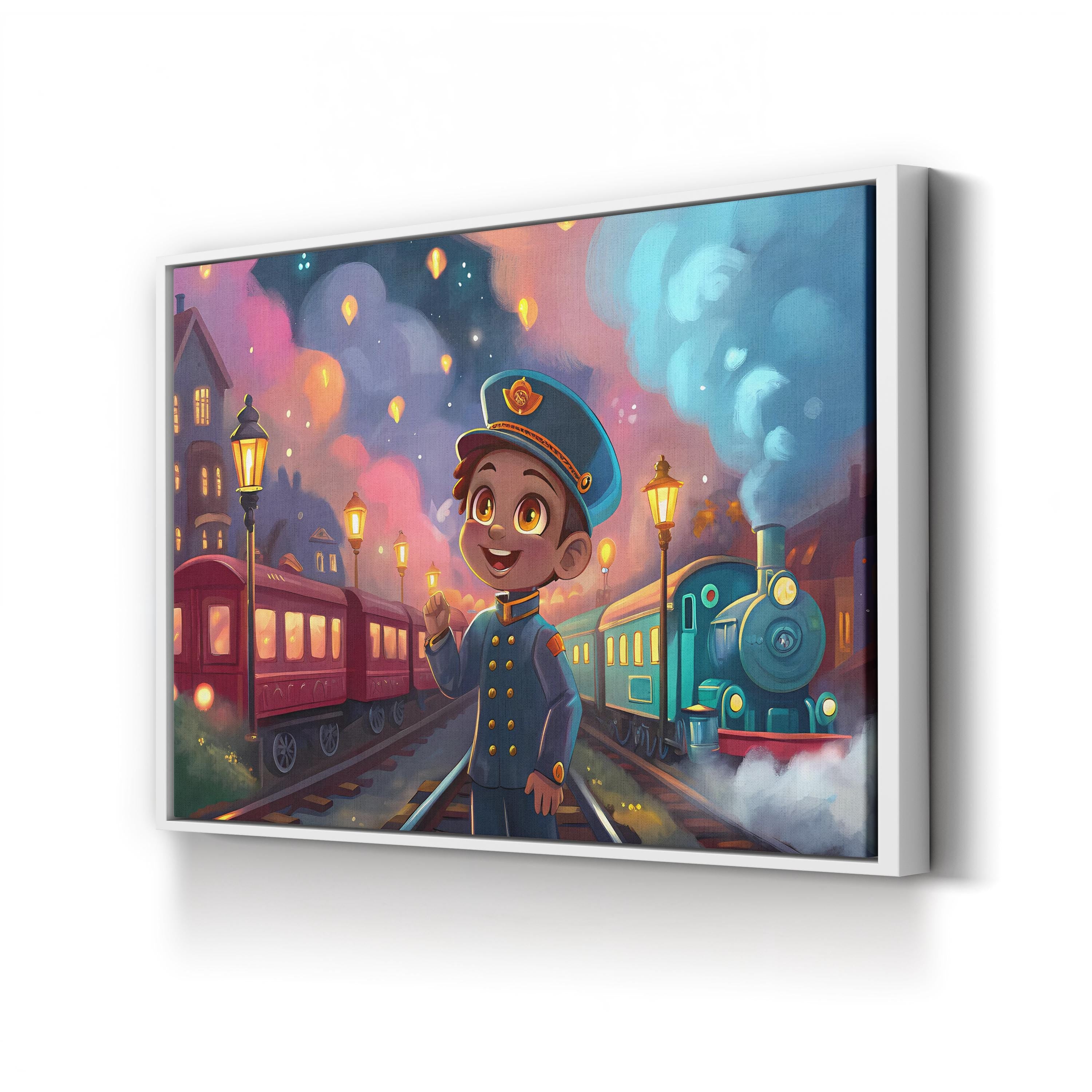 Retro Futuristic Train – Period Illustration Wall Art | Starry Night Railway Canvas Print