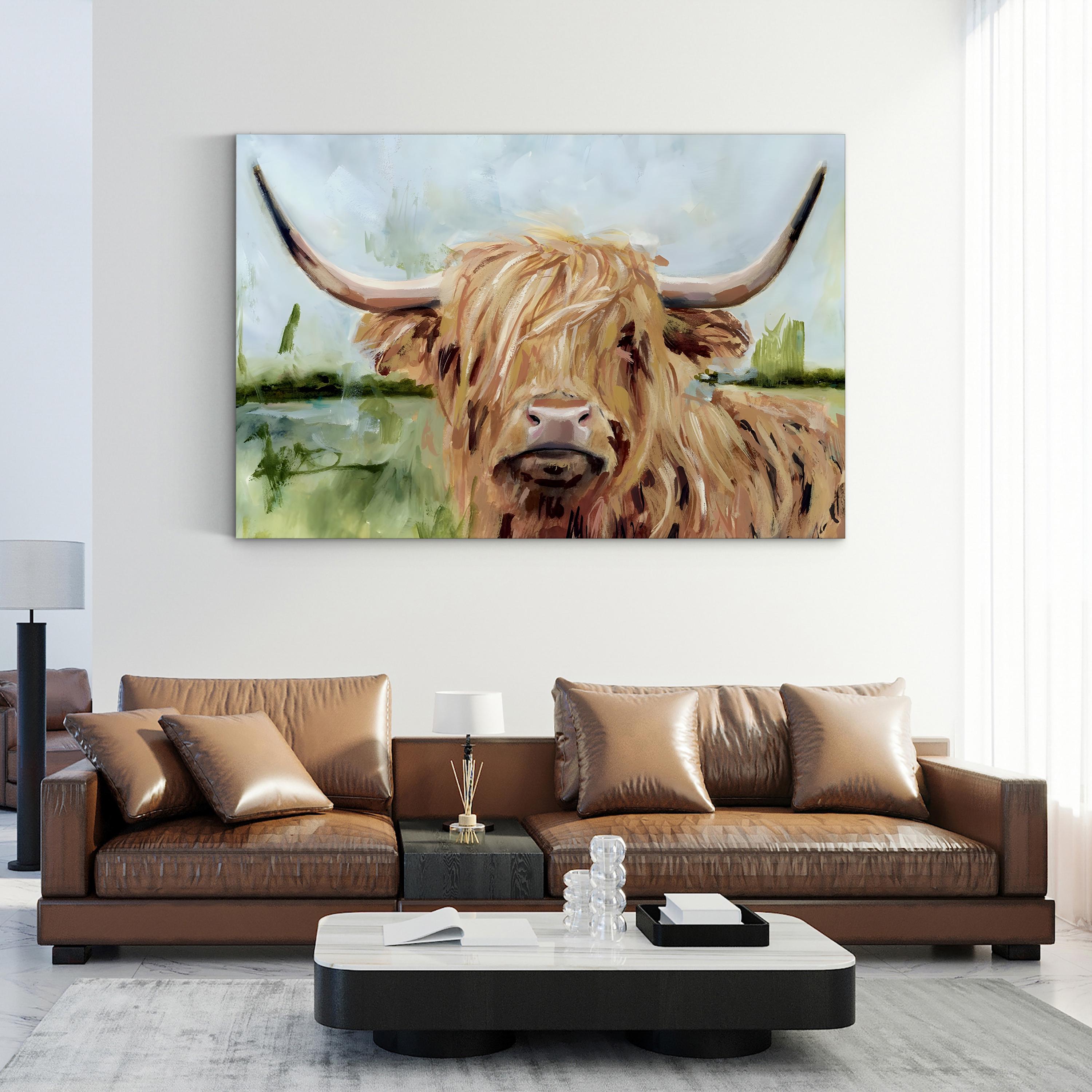 Highland Grazer I Canvas Wall Art | Framed Highland Cow Landscape by Victoria Borges