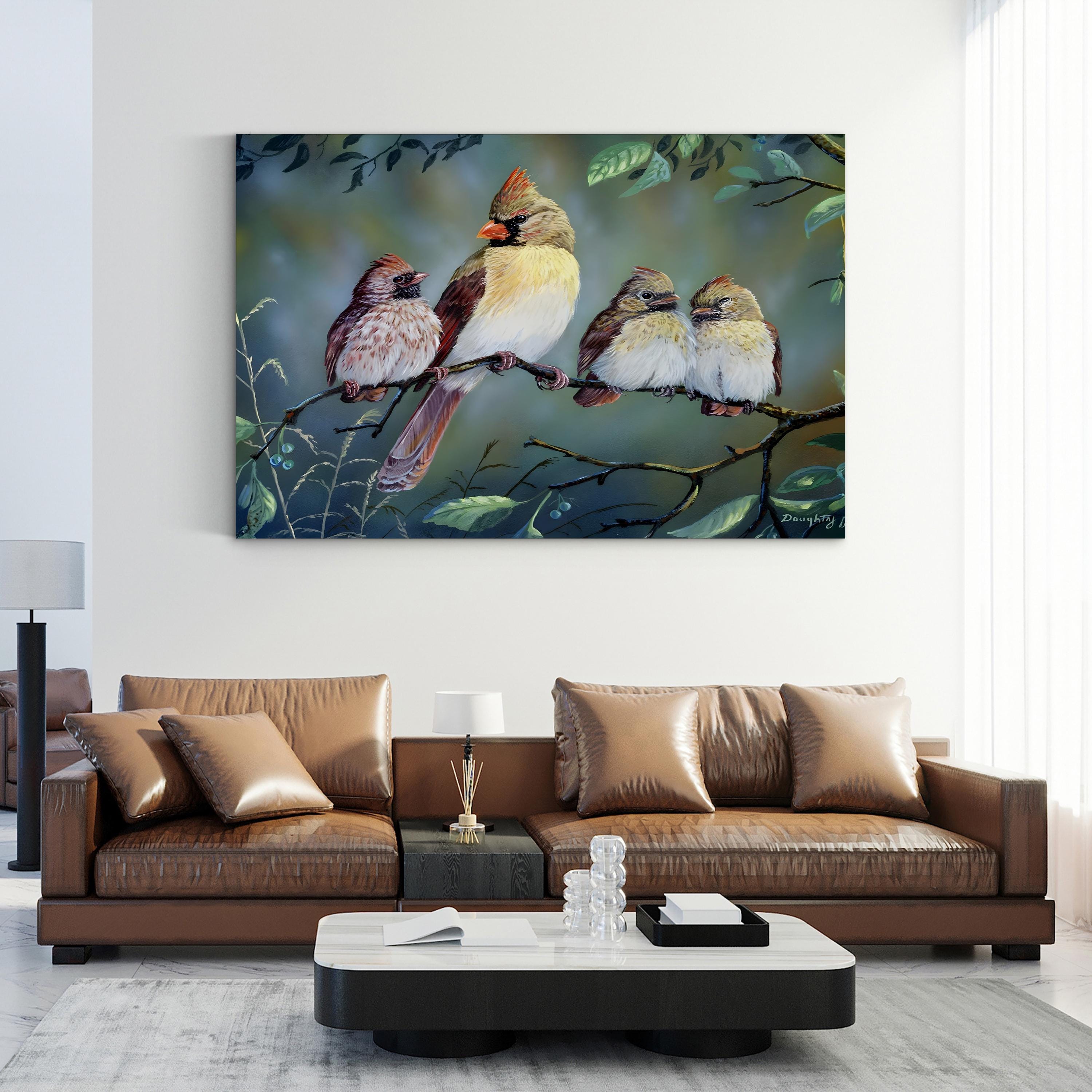 In Trouble Again Wall Art by Terry Doughty – Vintage Cardinal Bird Family Wildlife Canvas