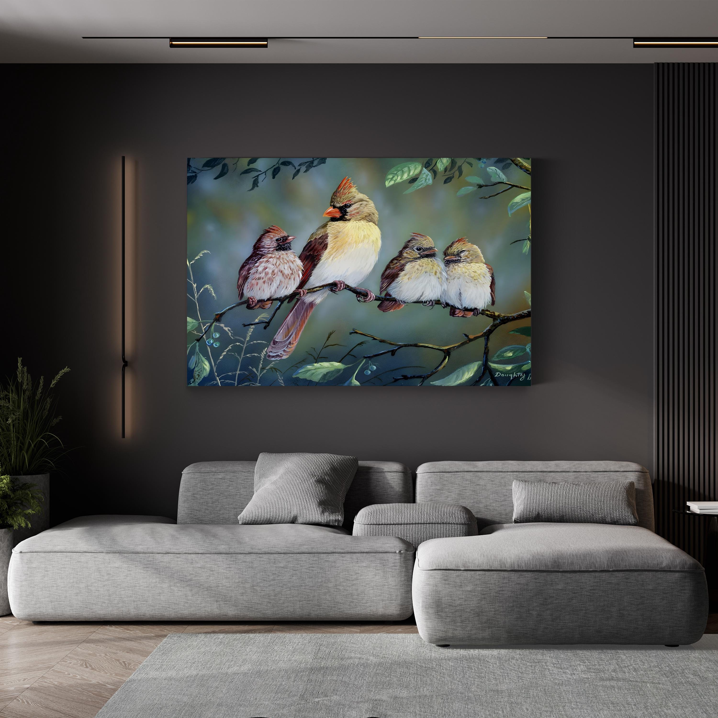 In Trouble Again Wall Art by Terry Doughty – Vintage Cardinal Bird Family Wildlife Canvas