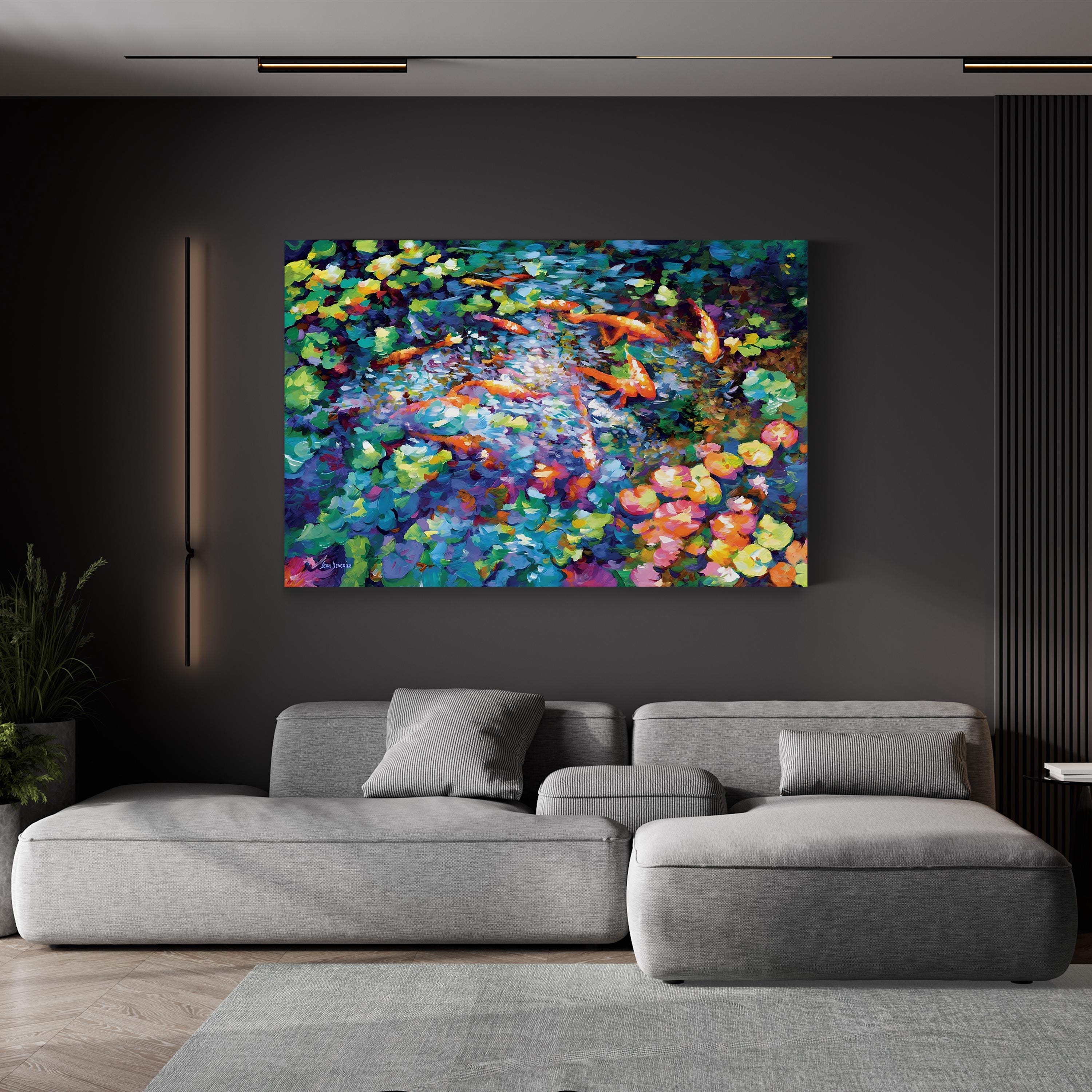 Koi Fish and Water Lilies II Wall Art by Leon Devenice | Contemporary Japanese-Inspired Aquatic Canvas
