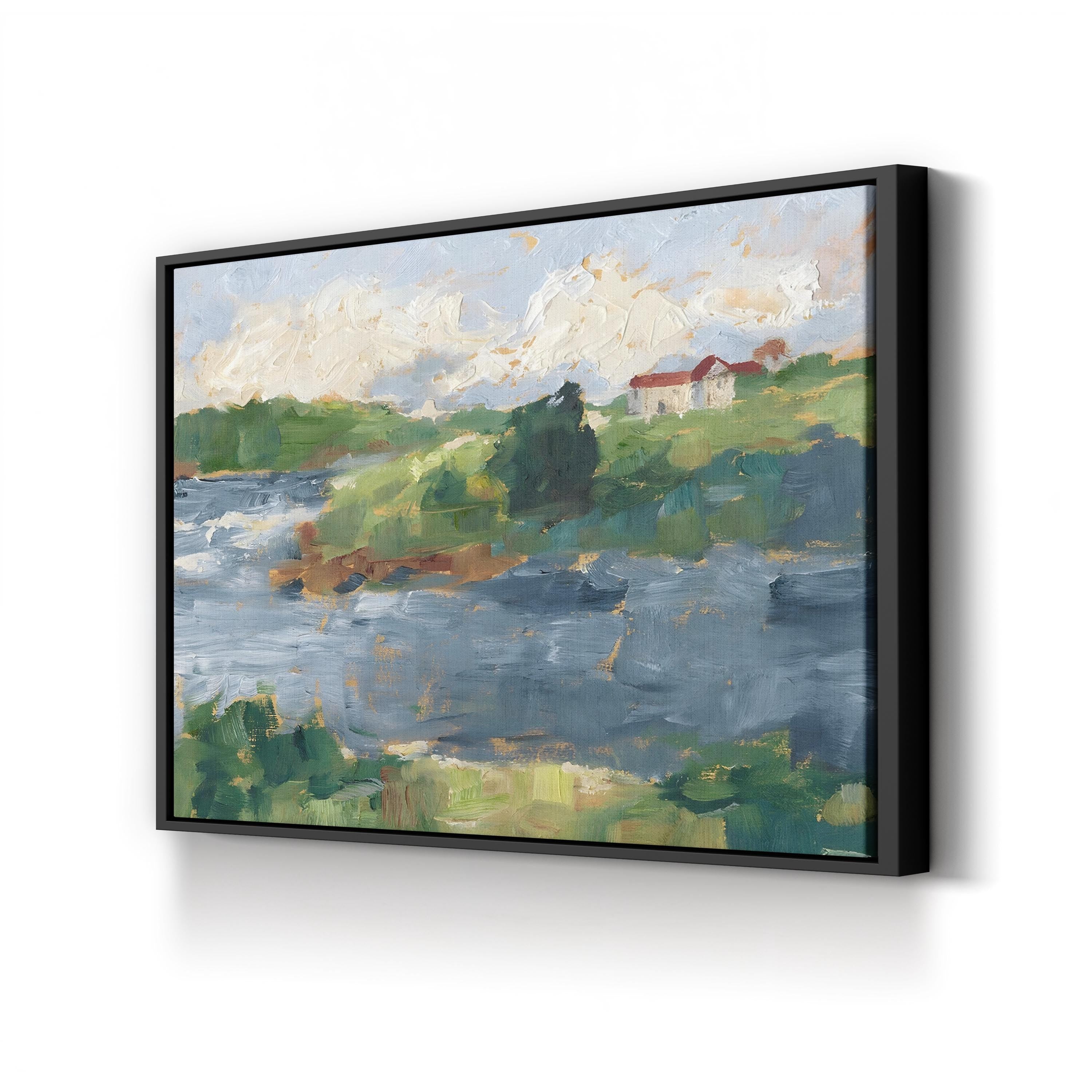 Lakeside Cottages IV by Ethan Harper canvas print in Black Framed Canvas, displayed in a modern loft interior