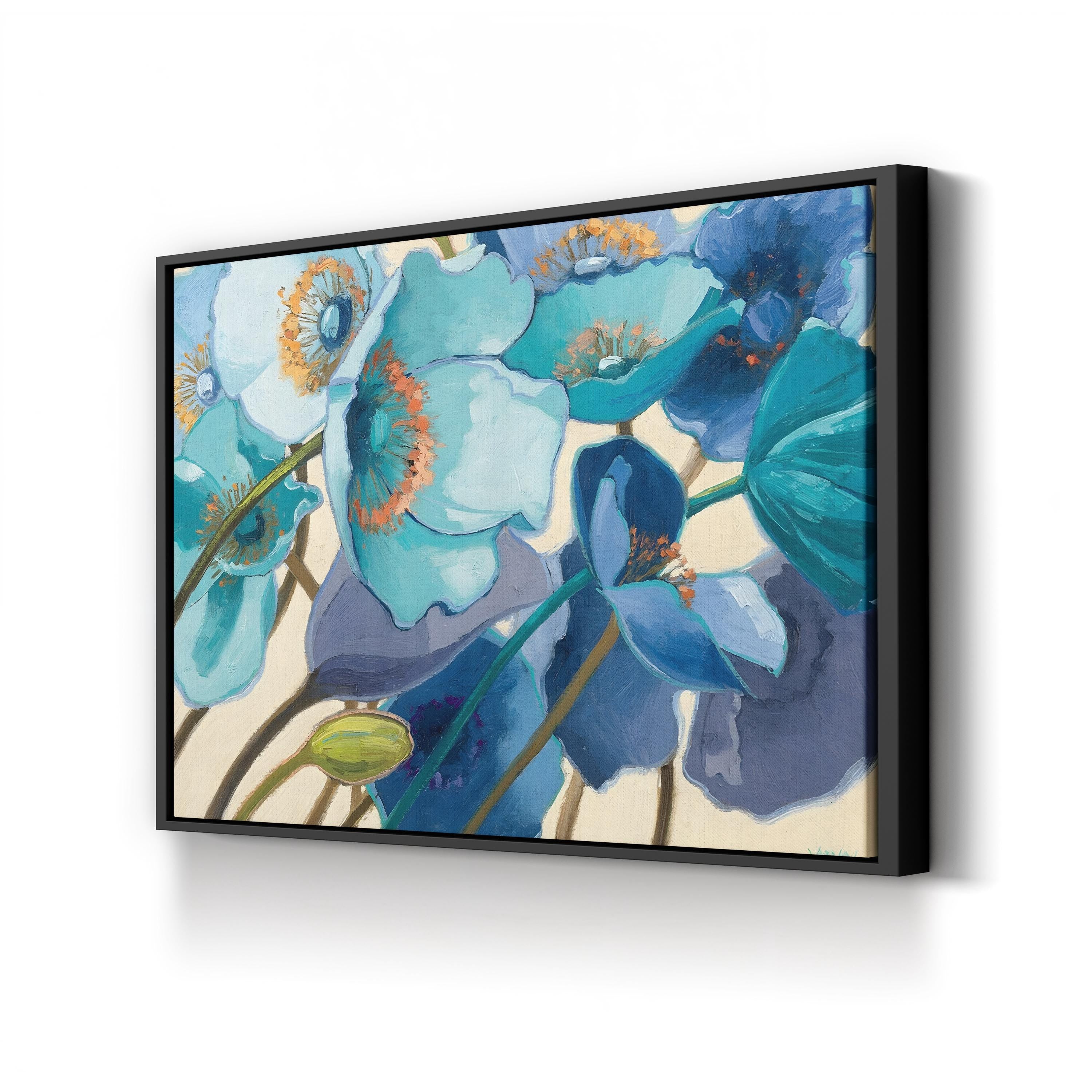 Le Pavots Bleu Wall Art by Shirley Novak | Contemporary Abstract Blue Poppy Floral Canvas Print