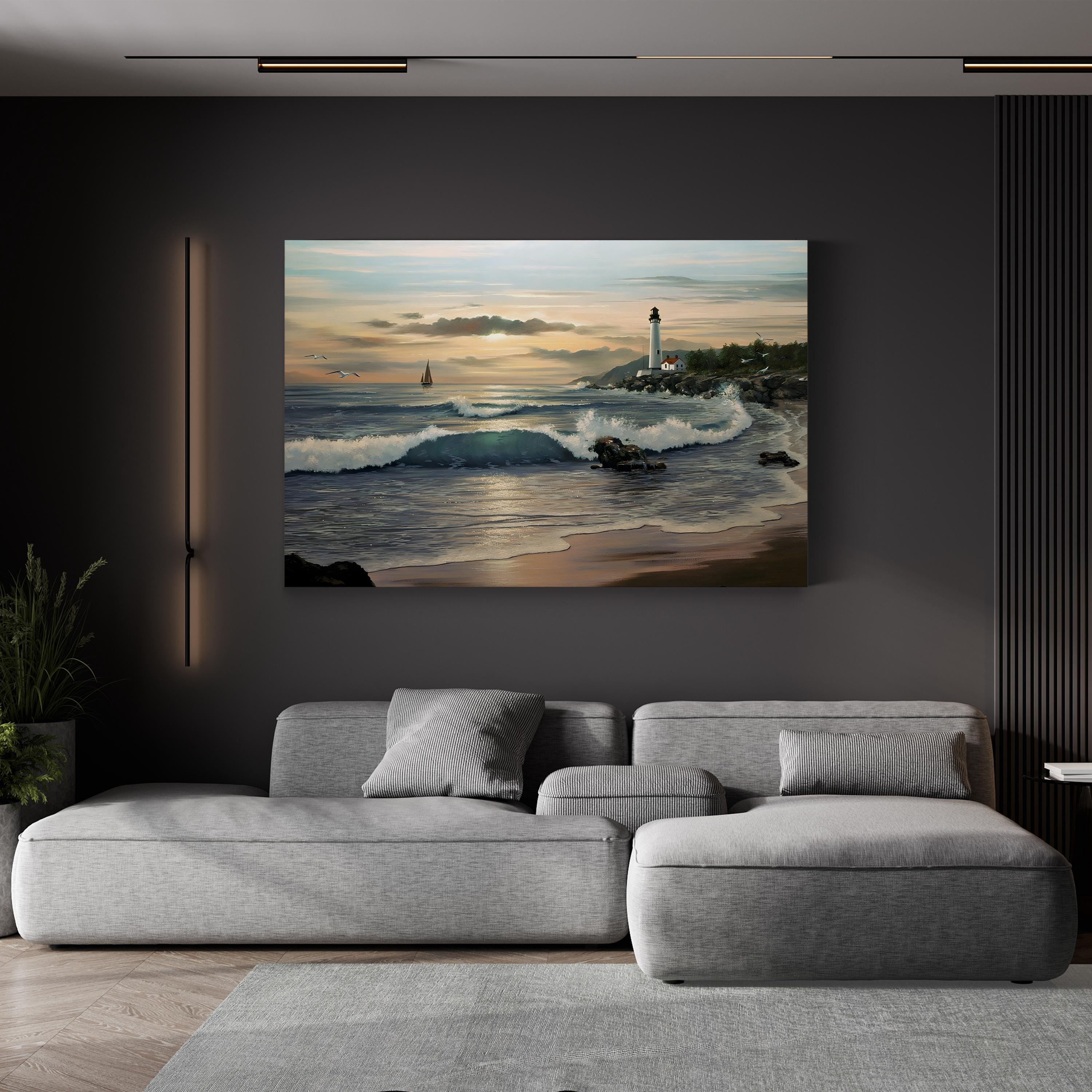 Lighthouse at Dusk – Contemporary Coastal Seascape Canvas Wall Art by Thomas Linker