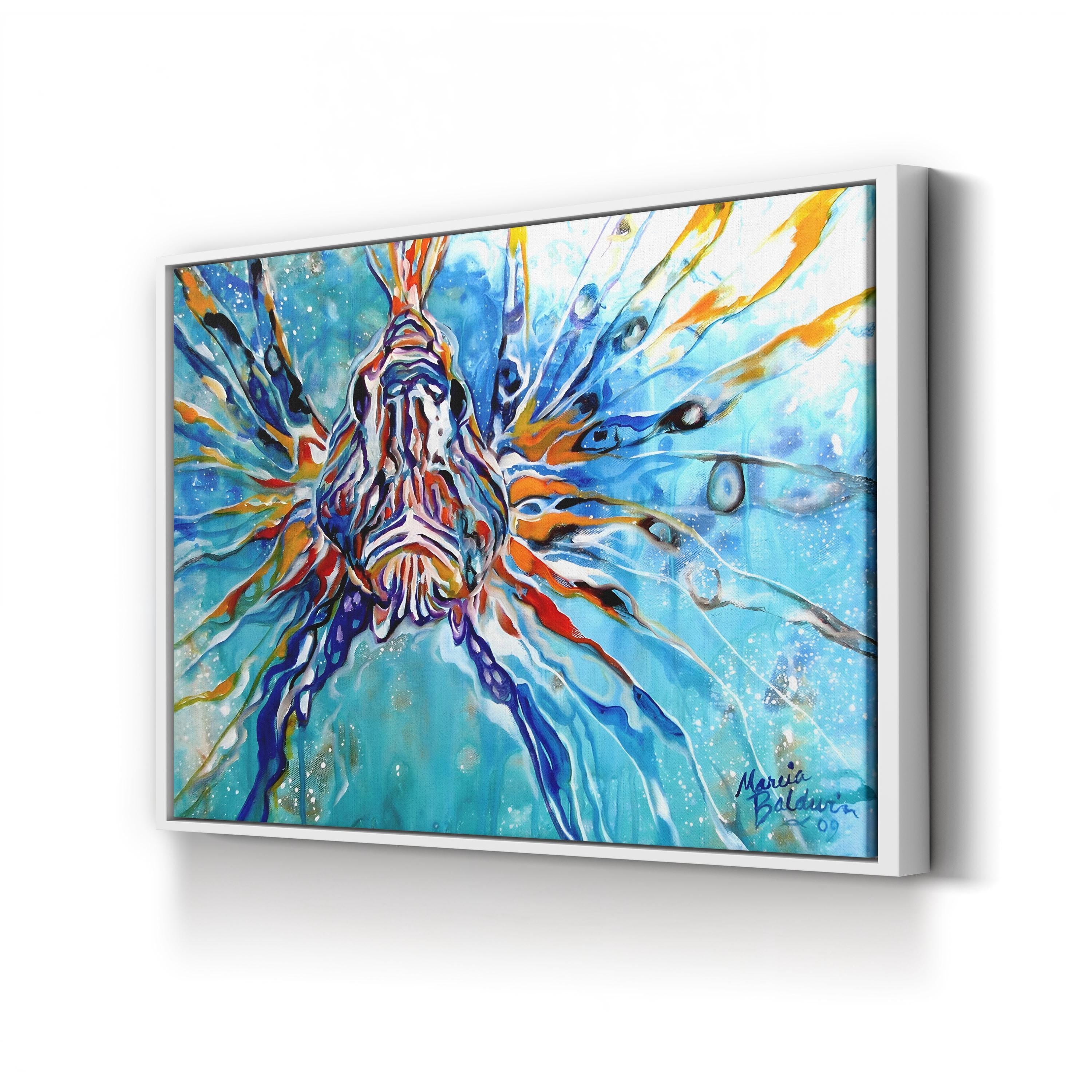 Lion Fish Blue Wall Art by Marcia Baldwin – Contemporary Abstract Tropical Fish Canvas