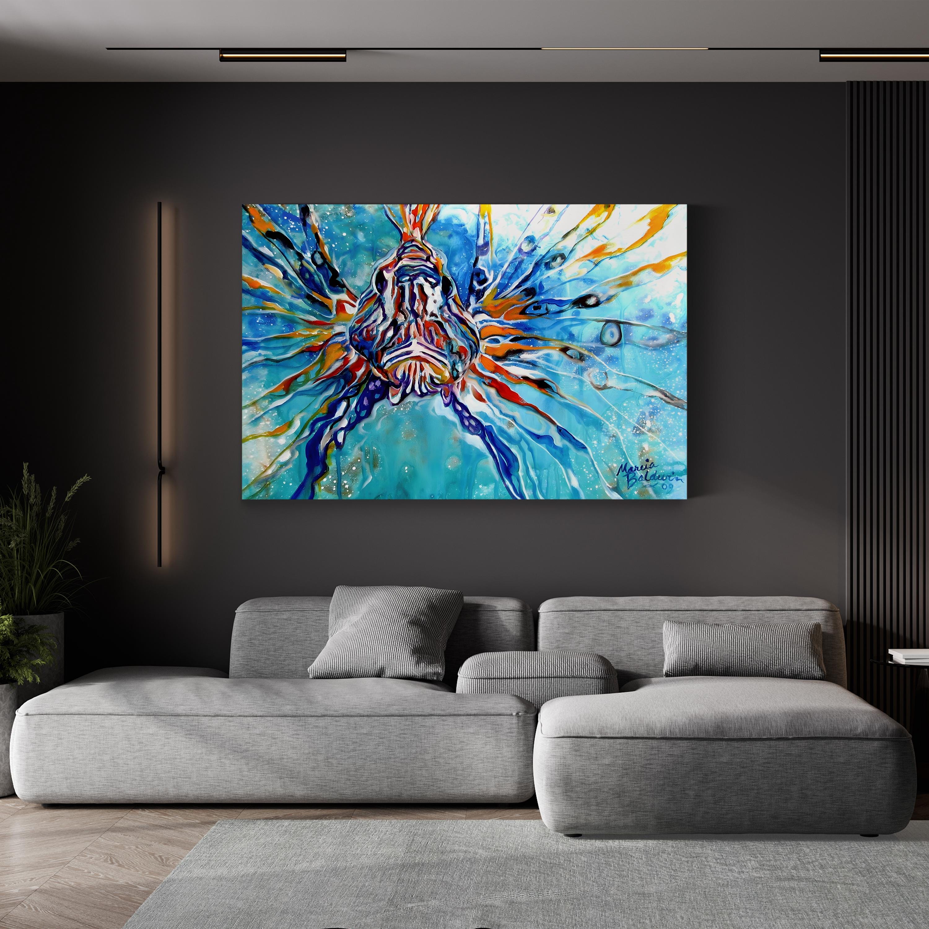Lion Fish Blue Wall Art by Marcia Baldwin – Contemporary Abstract Tropical Fish Canvas