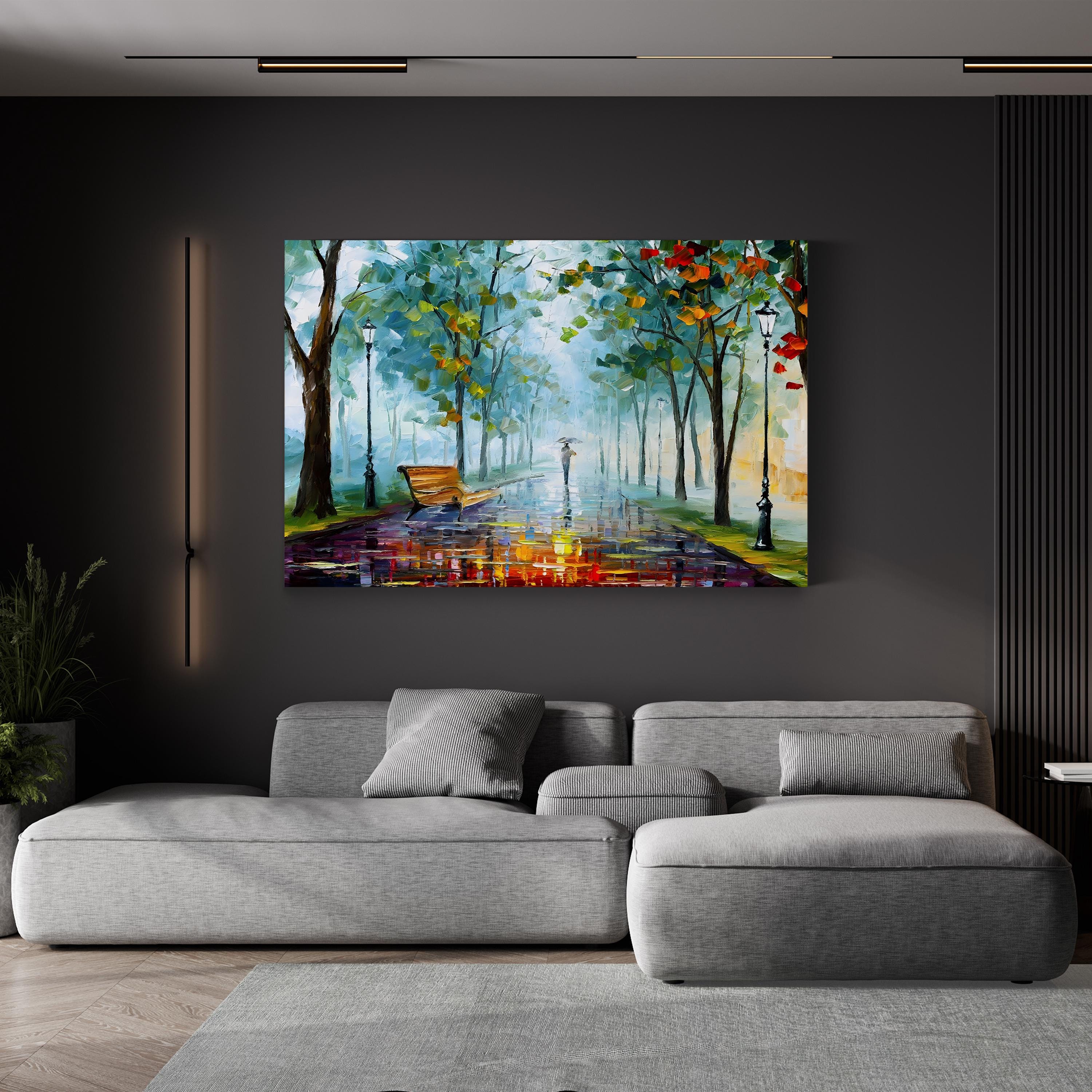 Long Fog Wall Art by Leonid Afremov – Contemporary Rainy Street Impressionist Canvas