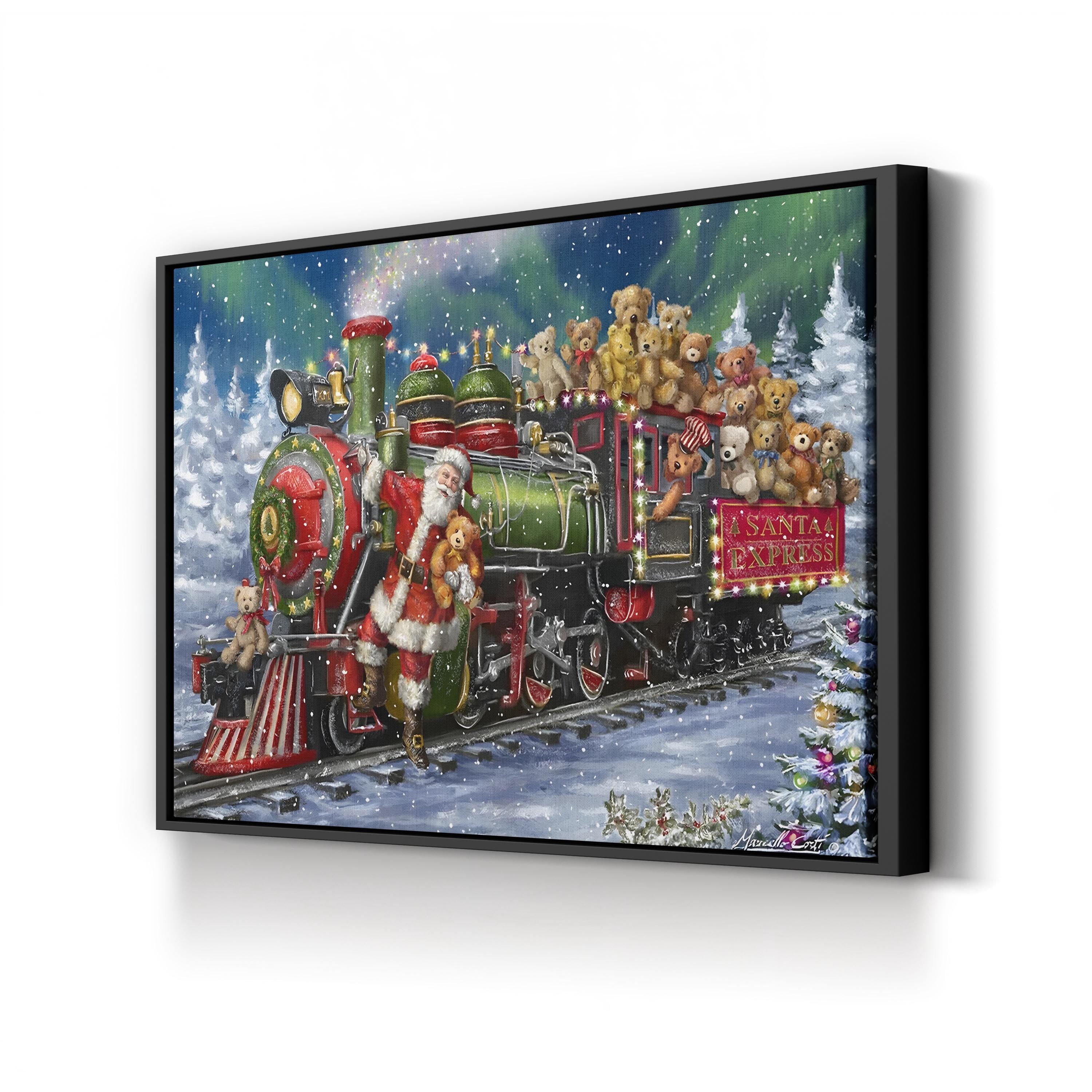 Santa Green / Red Train with Toy Bears Wall Art by Marcello Corti – Festive Christmas Illustration Canvas