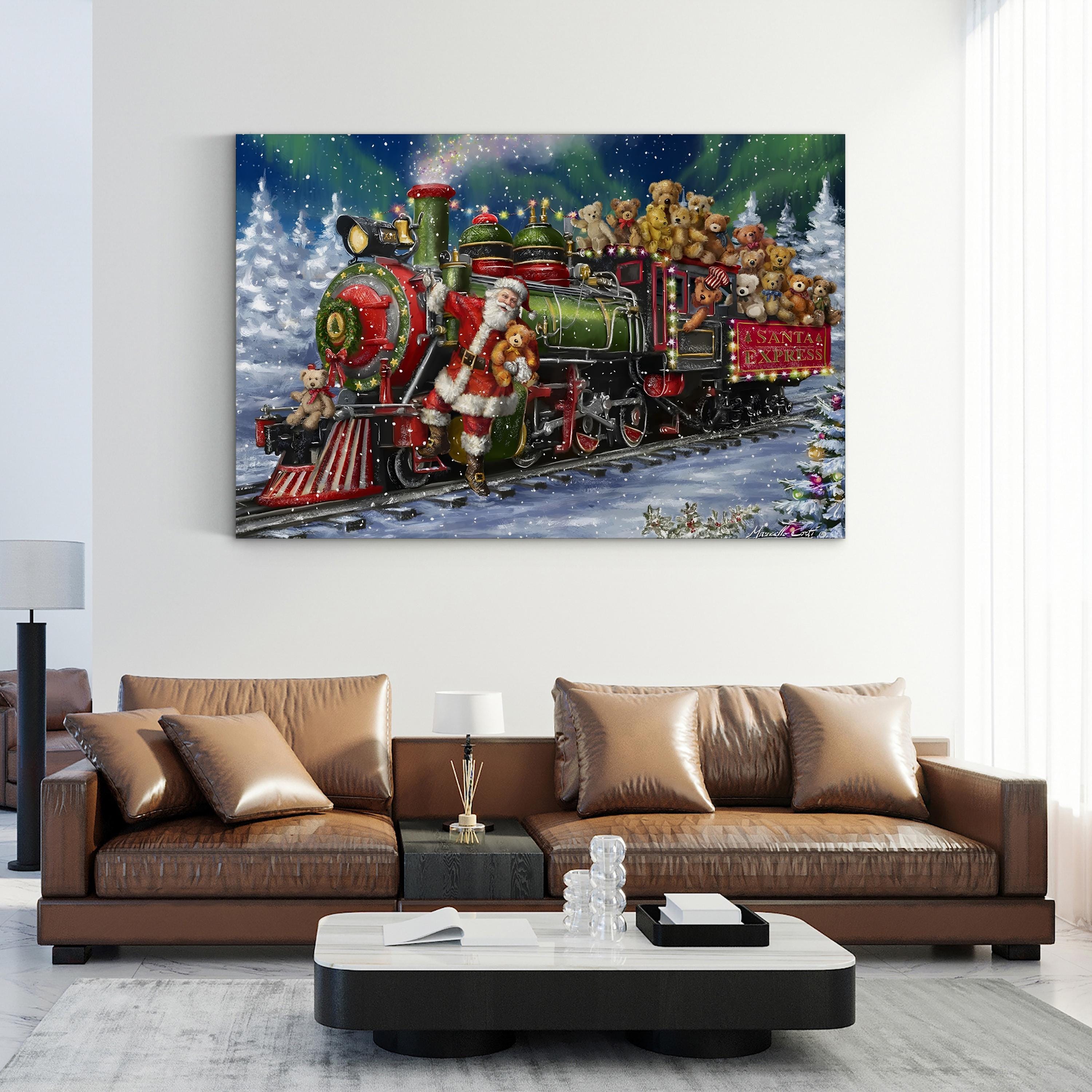 Santa Green / Red Train with Toy Bears Wall Art by Marcello Corti – Festive Christmas Illustration Canvas