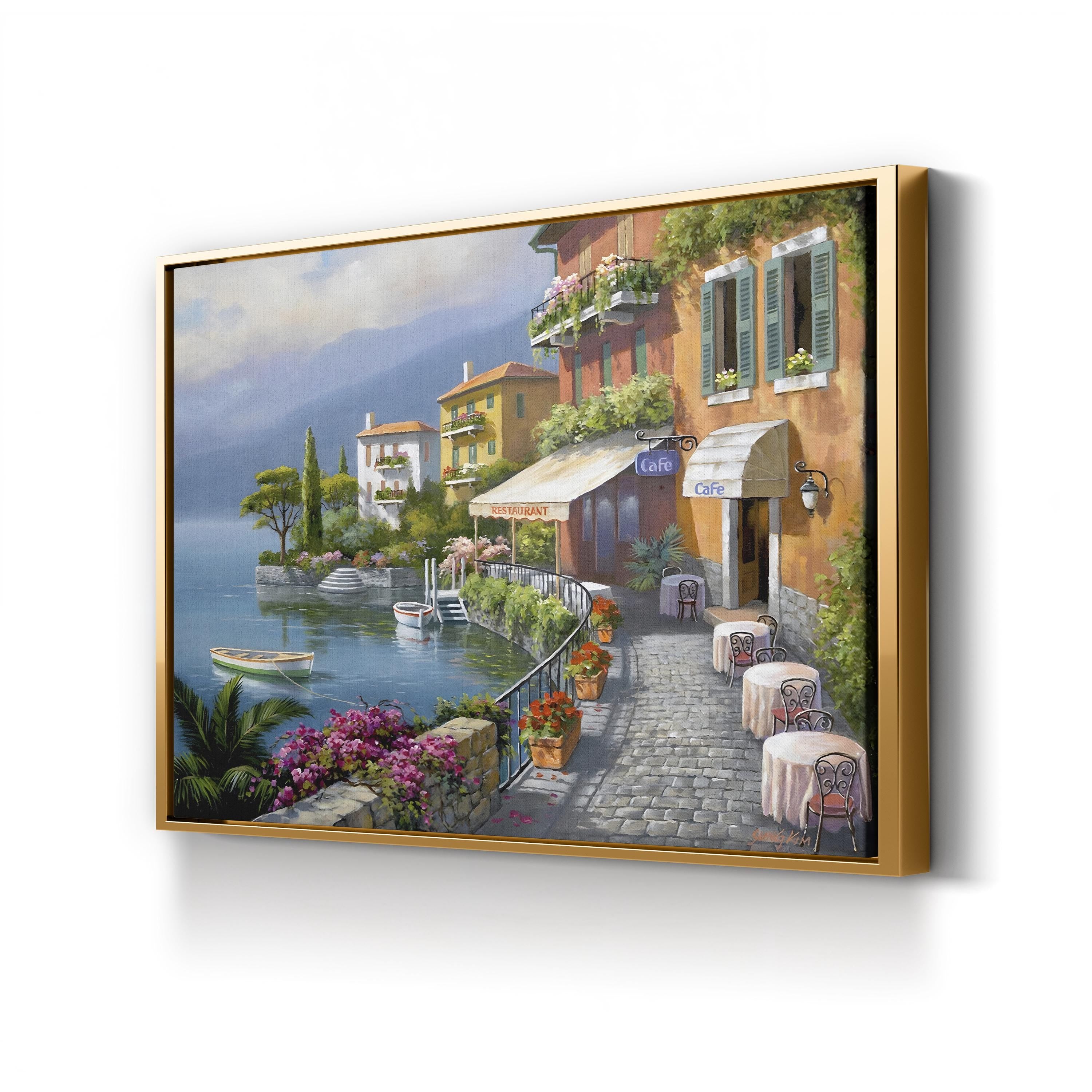 Seaside Bistro Café Wall Art by Sung Kim – Contemporary European Coastal Village Canvas