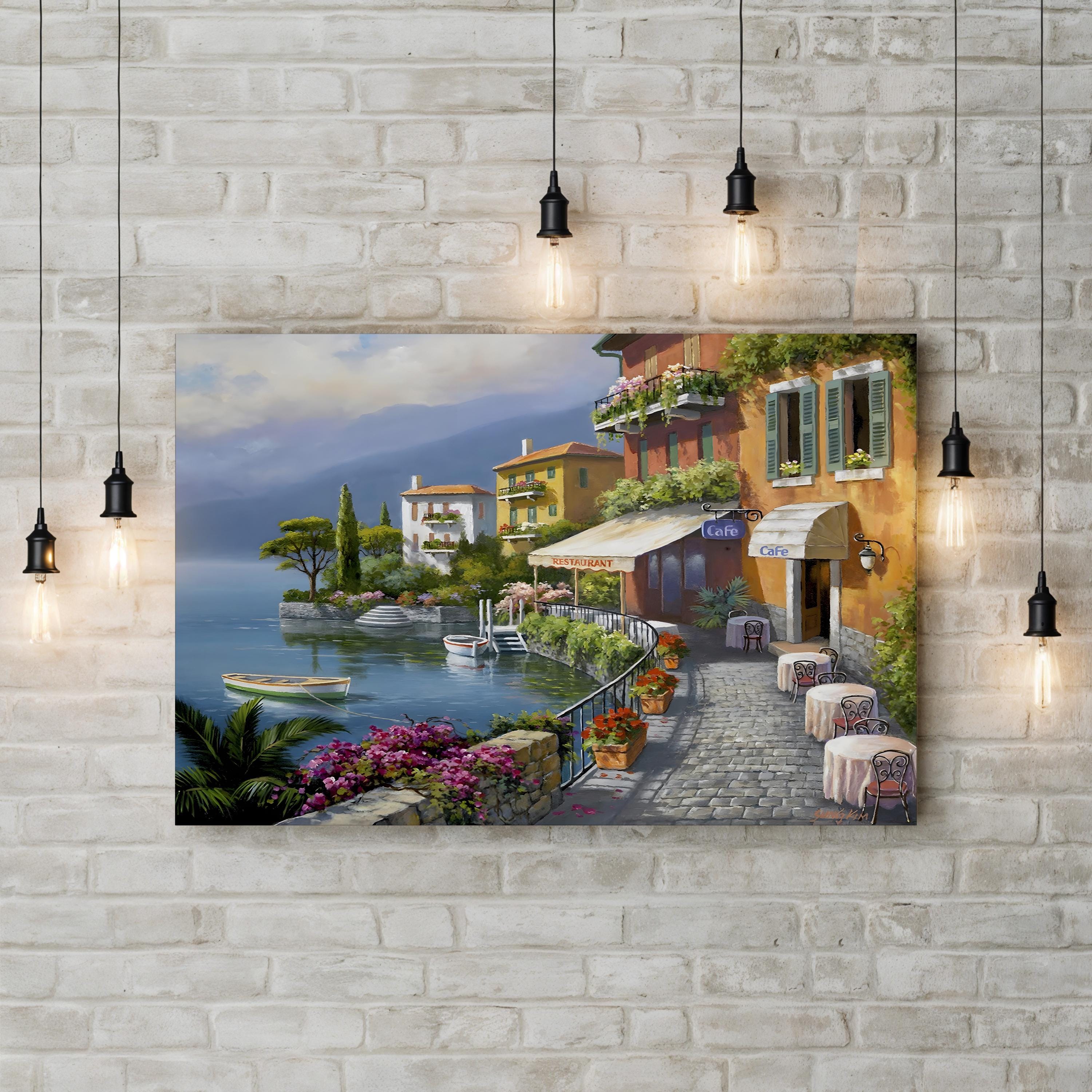 Seaside Bistro Café Wall Art by Sung Kim – Contemporary European Coastal Village Canvas