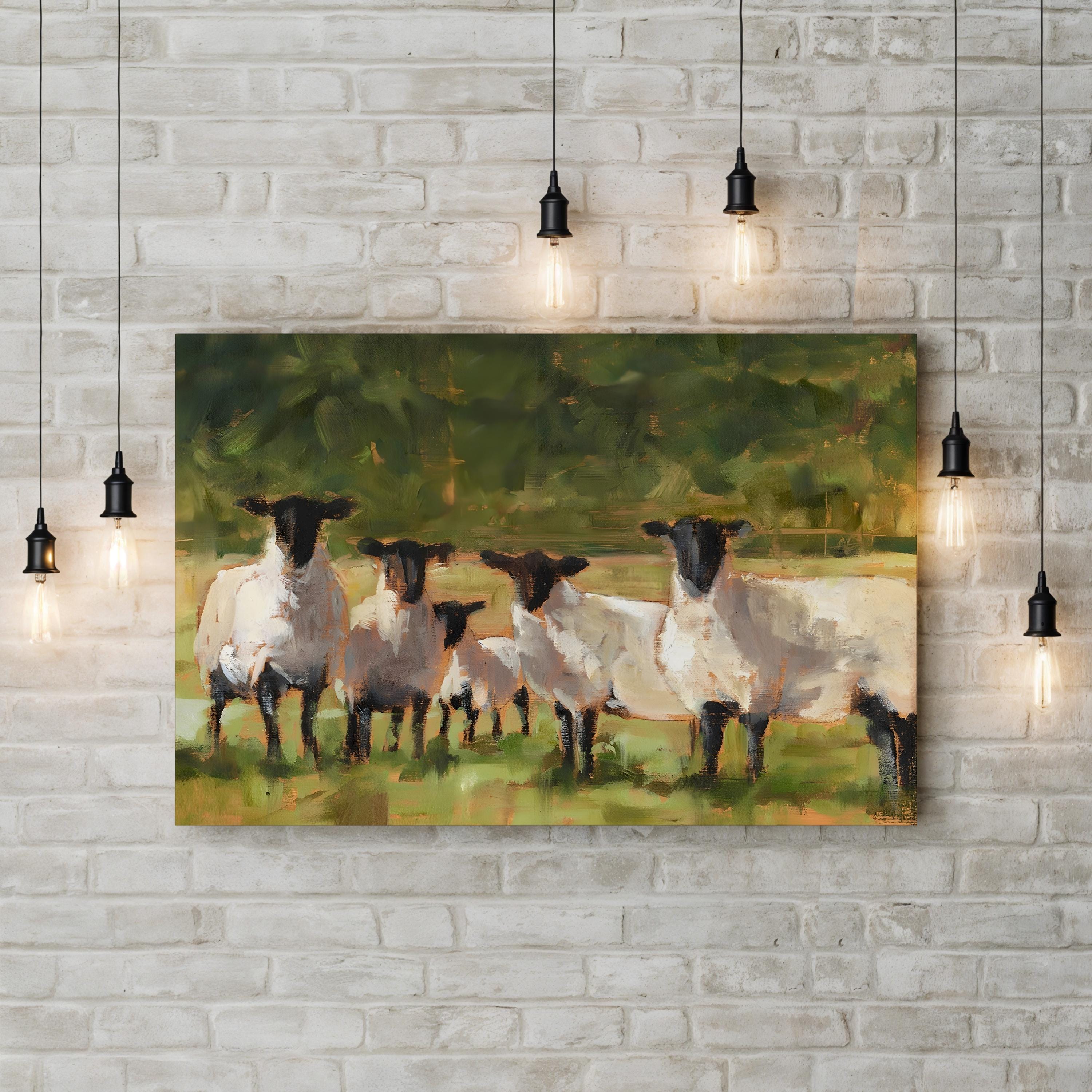 Sheep Family II Canvas Art Print – Pastoral Wildlife Painting by Ethan Harper