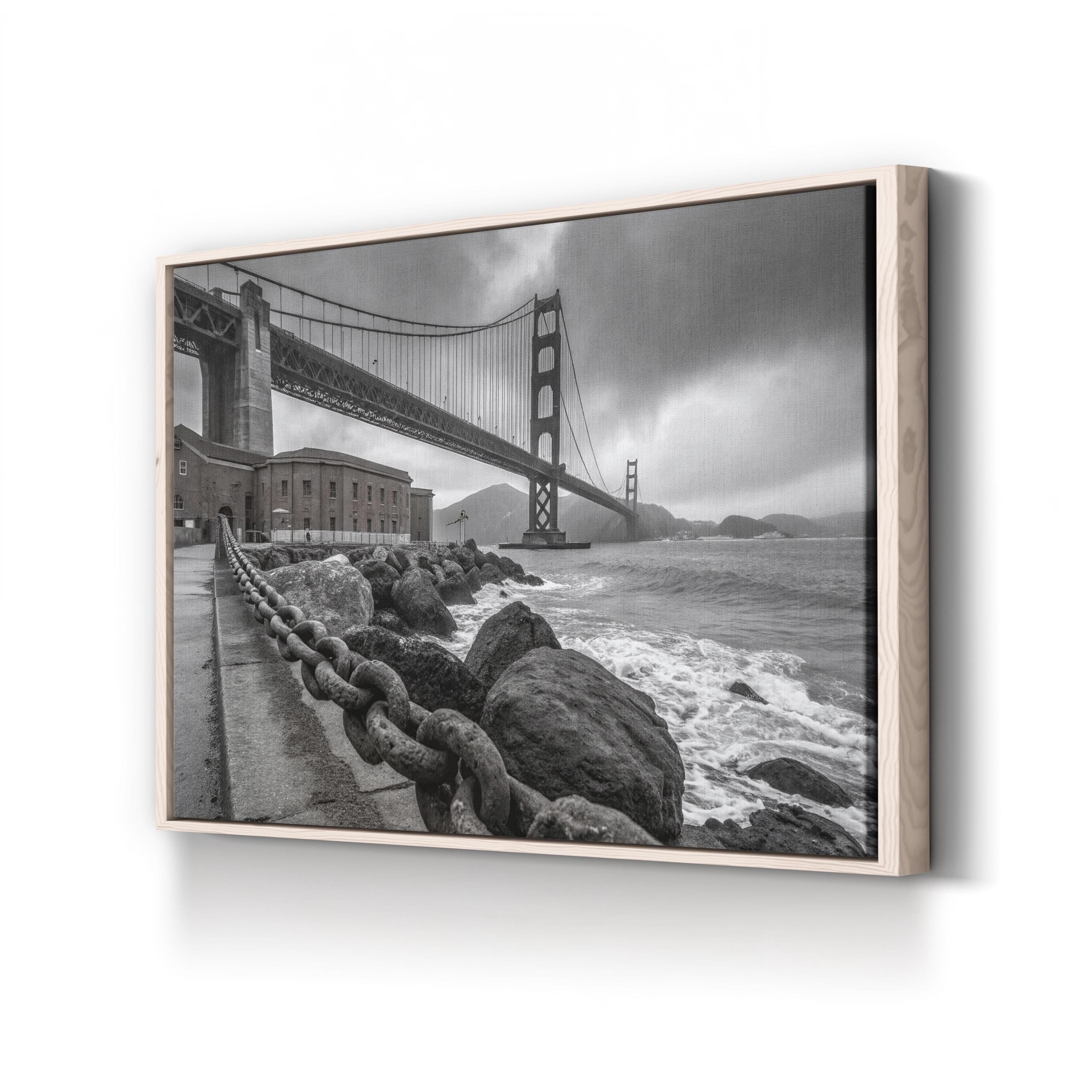 Black & White Suspension Bridge – Vintage Photography Wall Art | Coastal Architectural Canvas Print