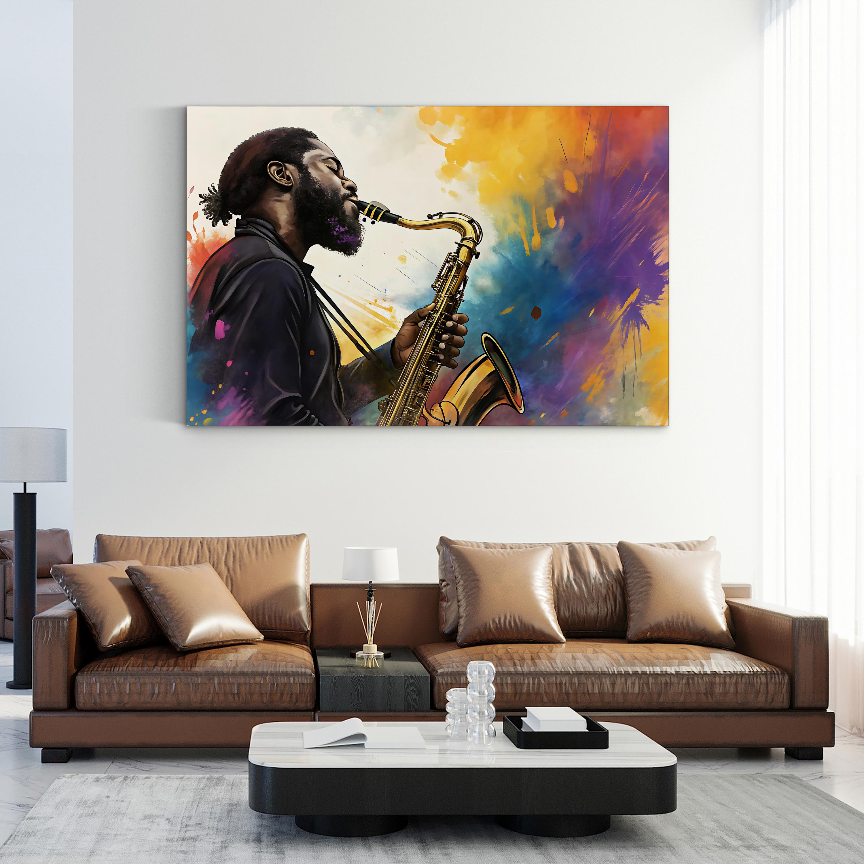 Jazz Saxophonist Color Splash – Period Illustration Wall Art | Abstract Music Canvas Print
