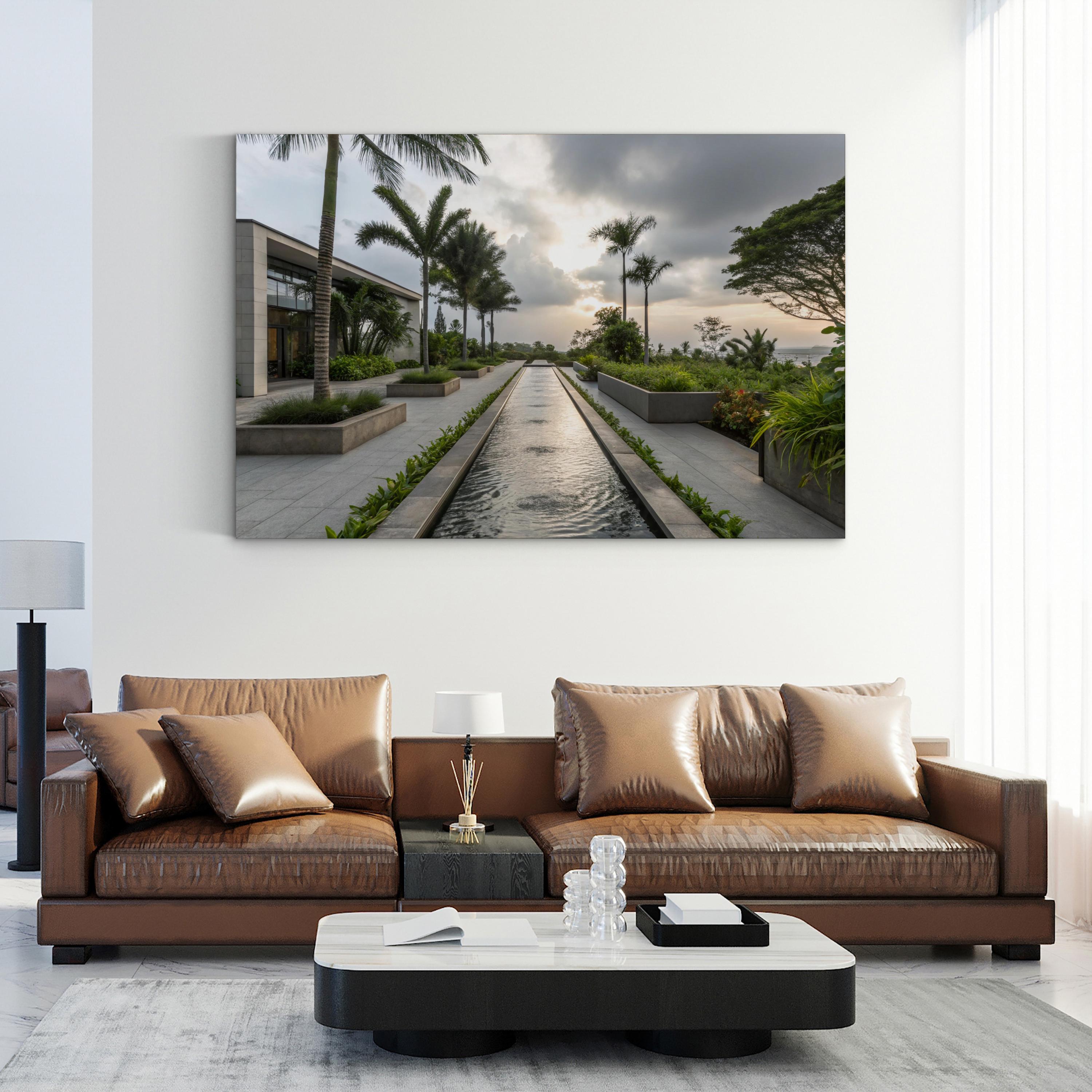 Tropical Fountain Water Feature – Period Illustration Wall Art | Modern Landscape Canvas Print