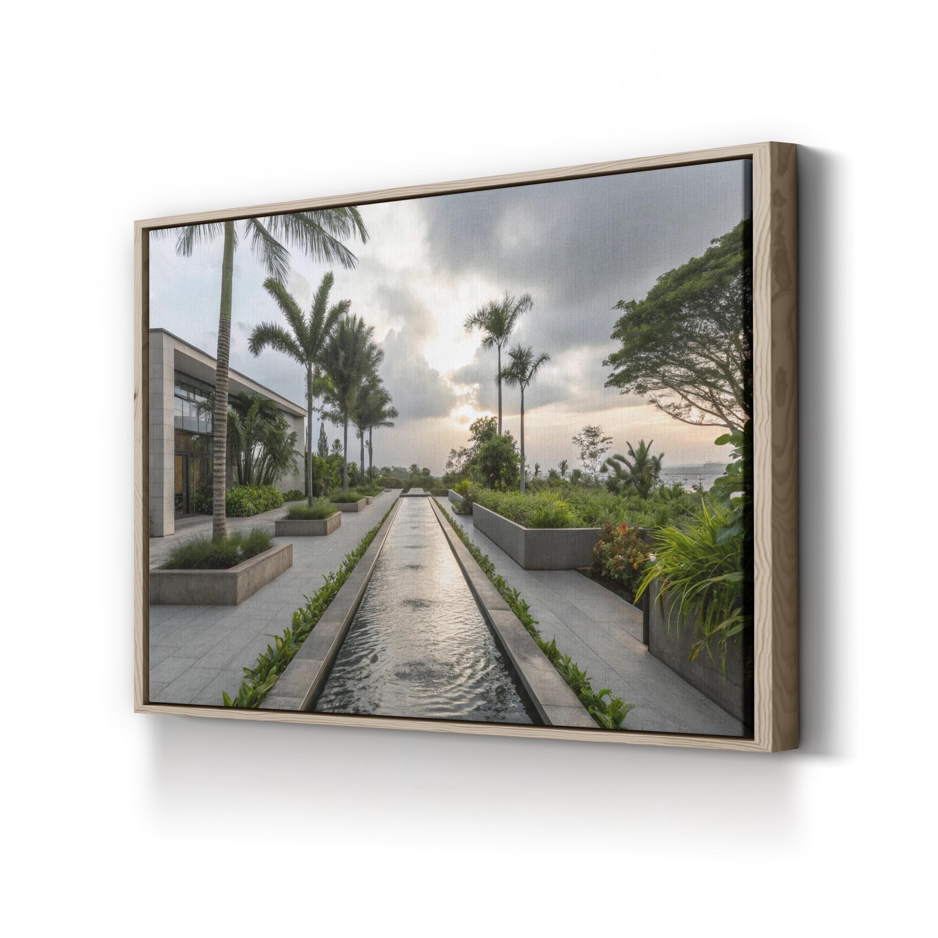 Tropical Fountain Water Feature – Period Illustration Wall Art | Modern Landscape Canvas Print