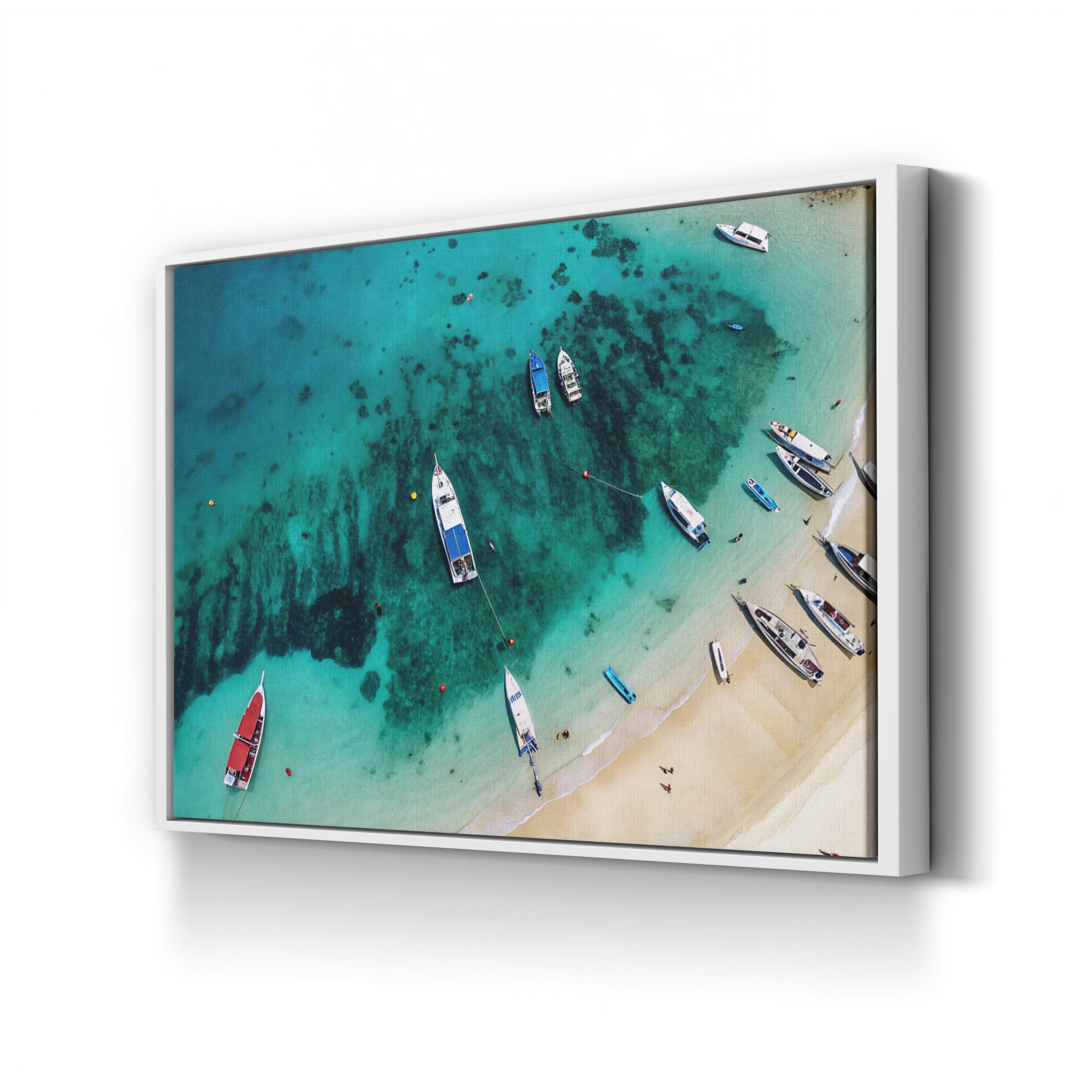 Red Boat Aerial Canvas Wall Art — Turquoise Coastal Ocean Photography Print