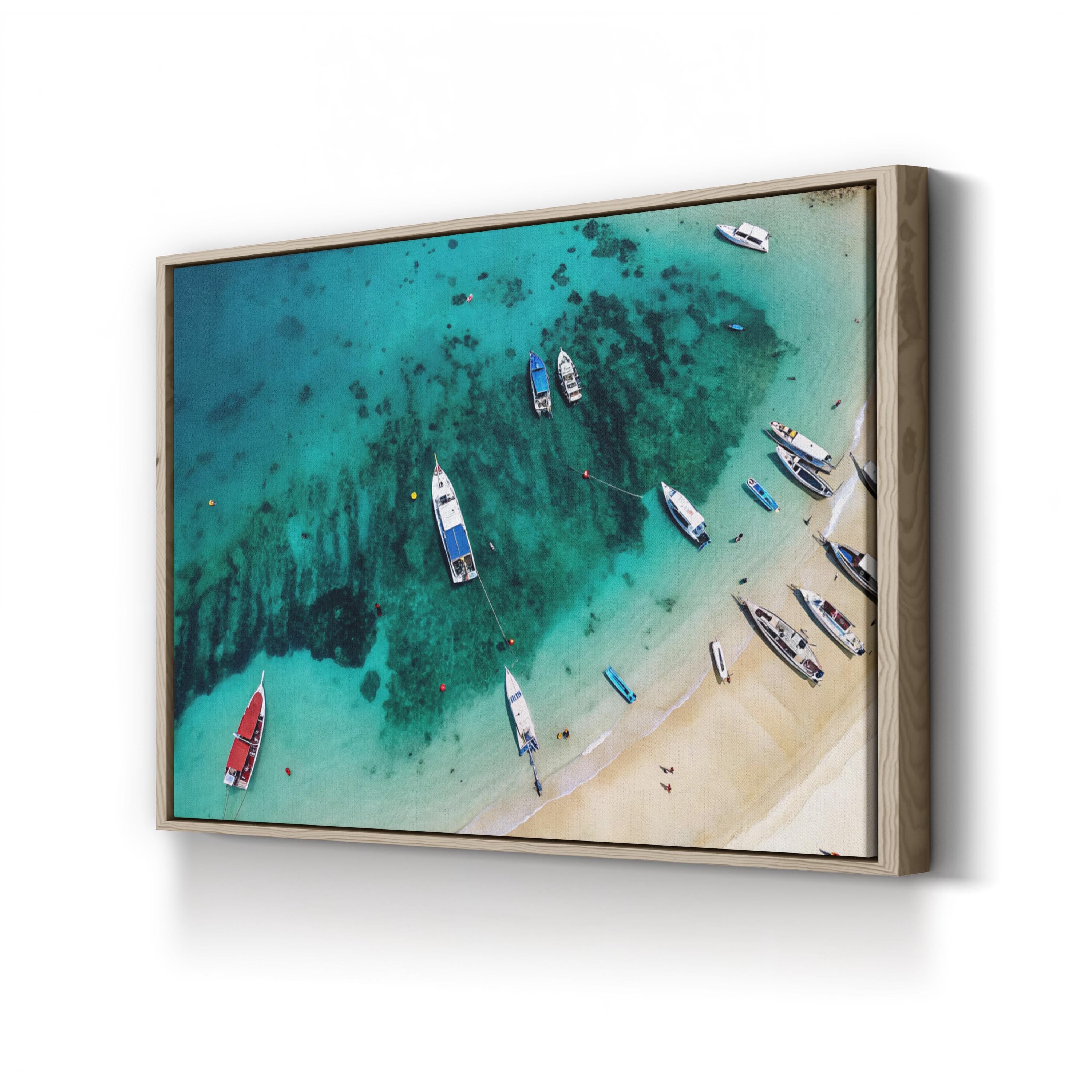 Red Boat Aerial Canvas Wall Art — Turquoise Coastal Ocean Photography Print