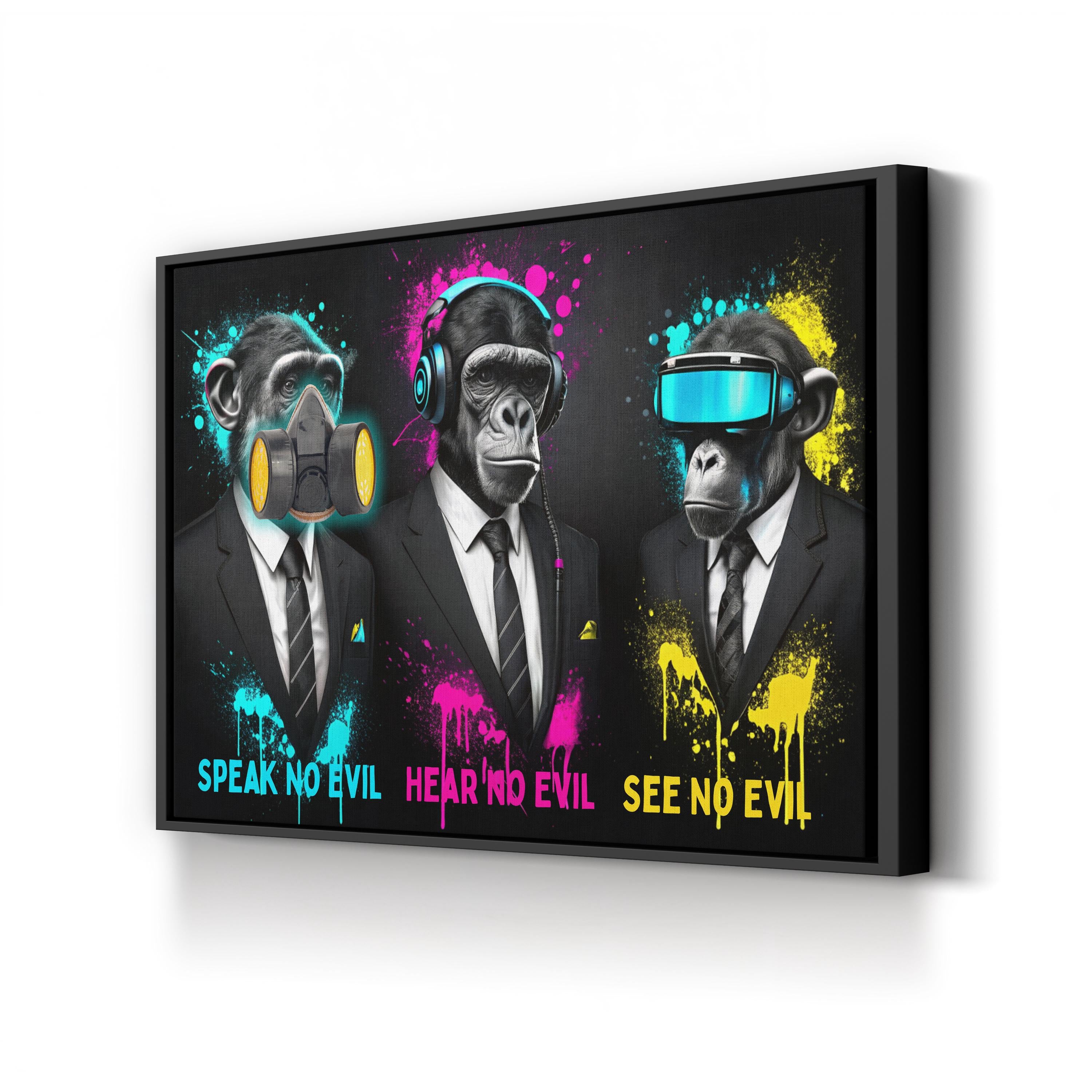 Three Wise Monkeys Pop Art Canvas – Dark Contemporary Panorama Wall Art