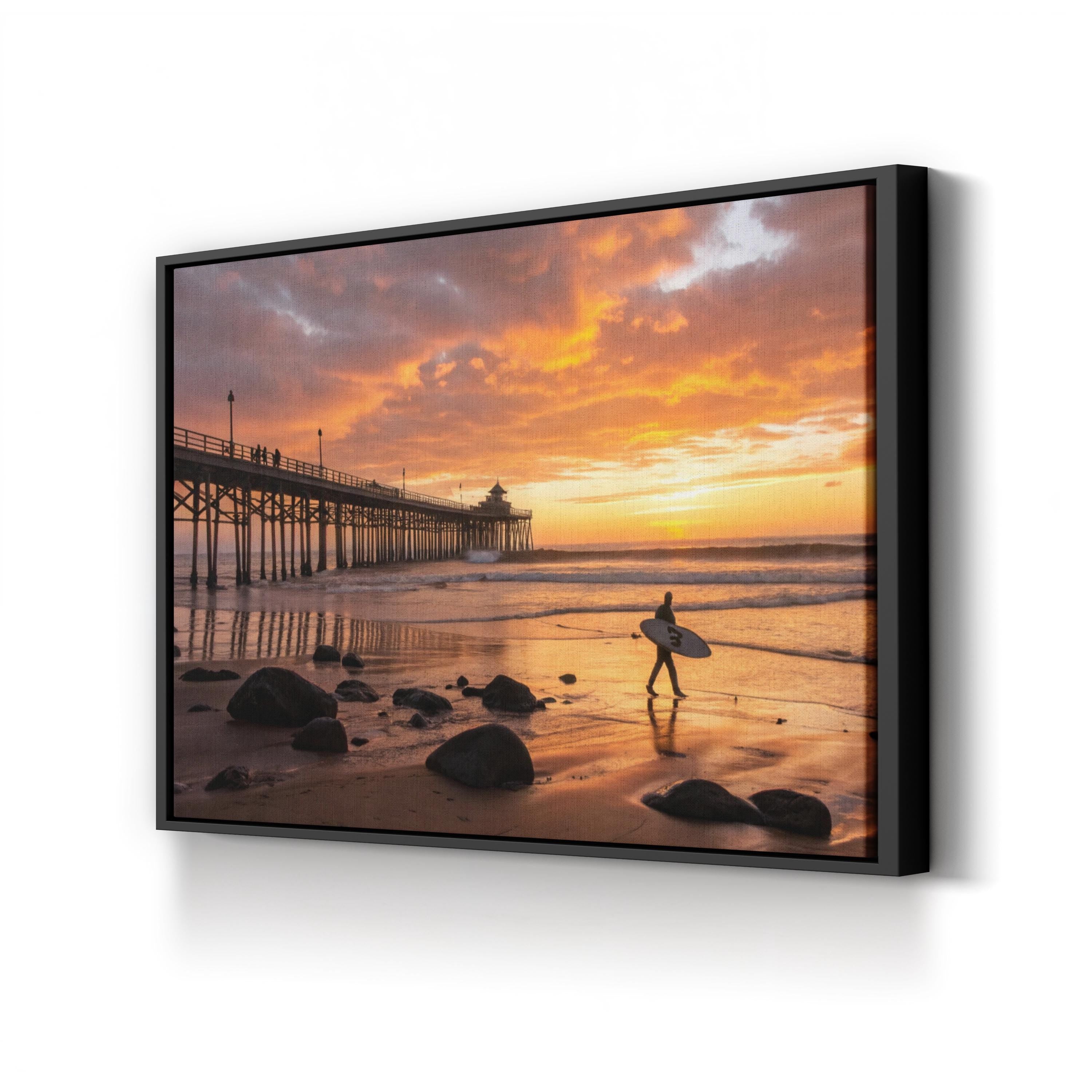 Huntington Beach Pier Sunset, Huntington Beach, California Canvas Art: Surfer Silhouette Coastal Photography