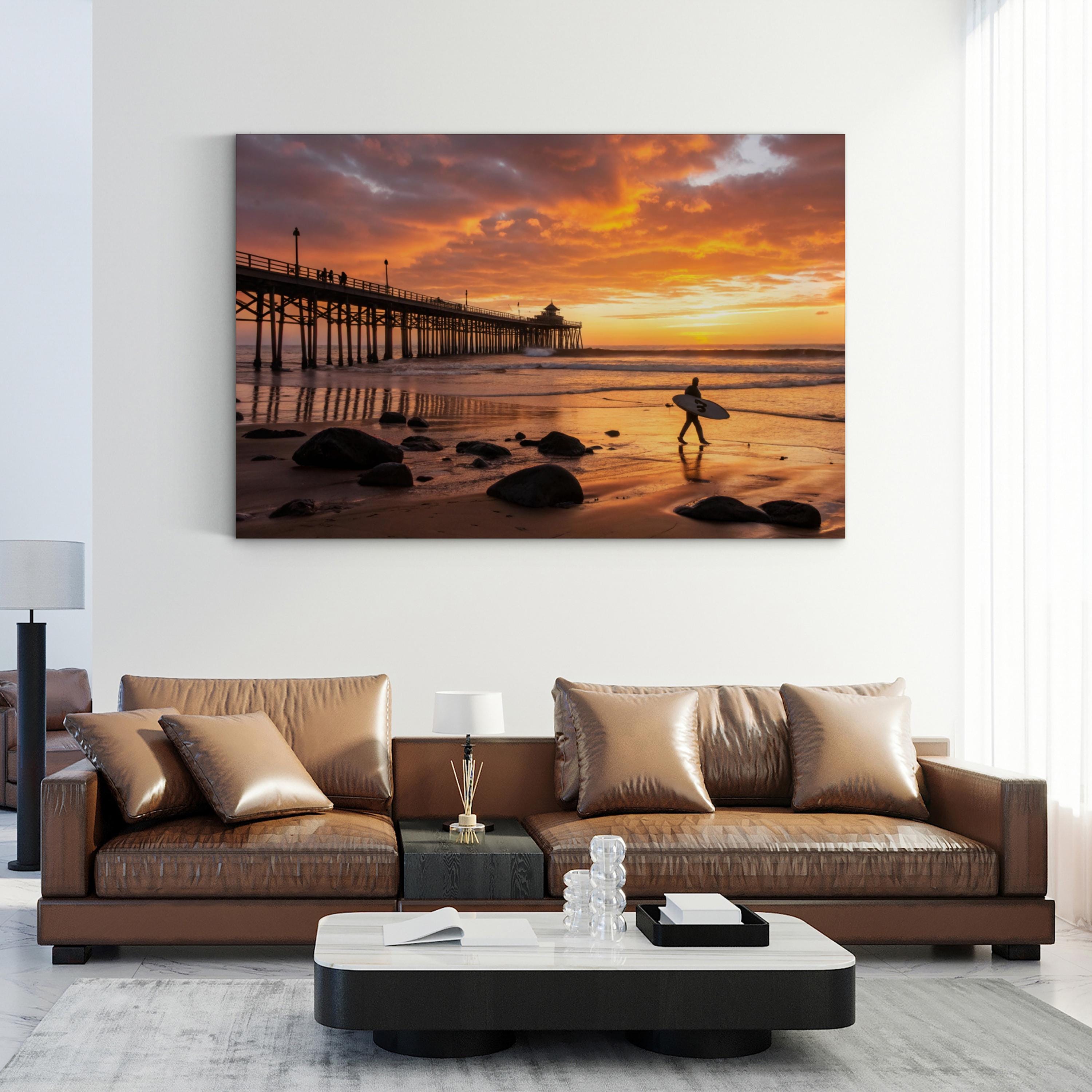 Huntington Beach Pier Sunset, Huntington Beach, California Canvas Art: Surfer Silhouette Coastal Photography
