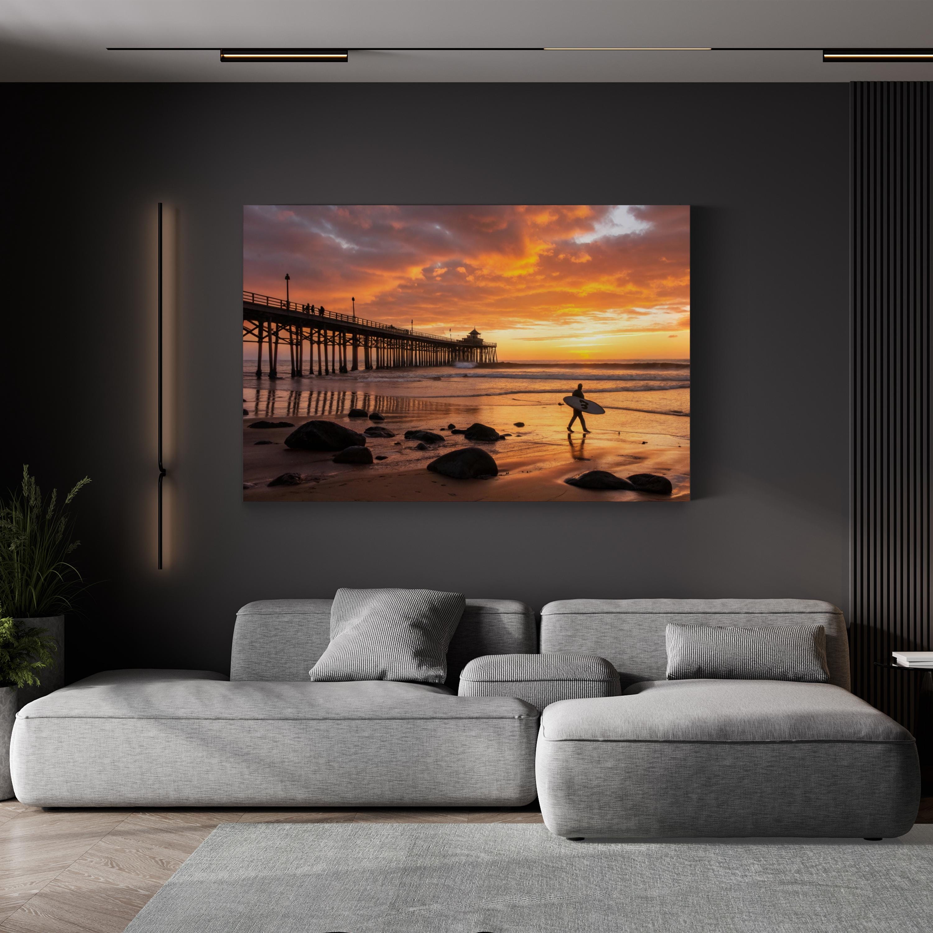 Huntington Beach Pier Sunset, Huntington Beach, California Canvas Art: Surfer Silhouette Coastal Photography