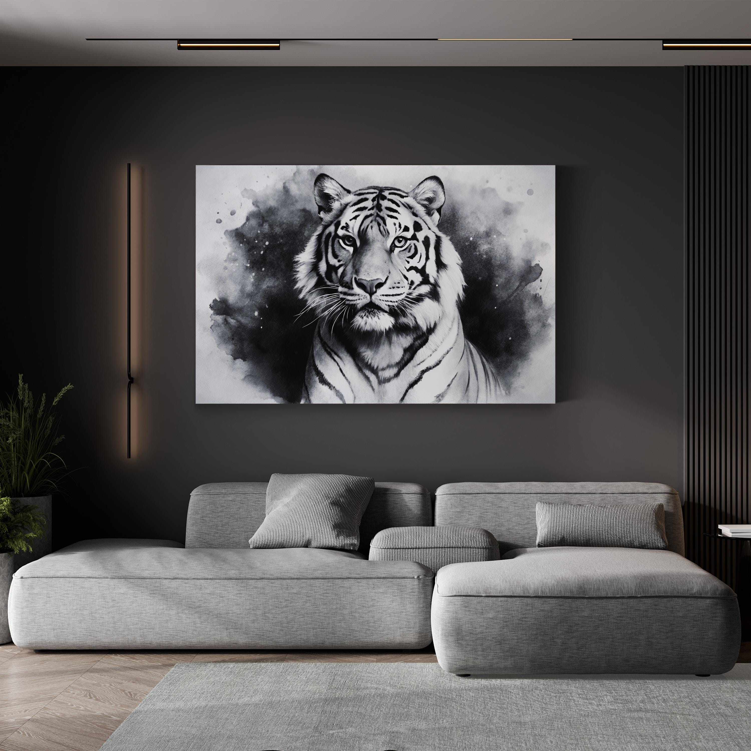 Black & White Tiger Portrait – Period Illustration Wall Art | Monochrome Wildlife Canvas Print
