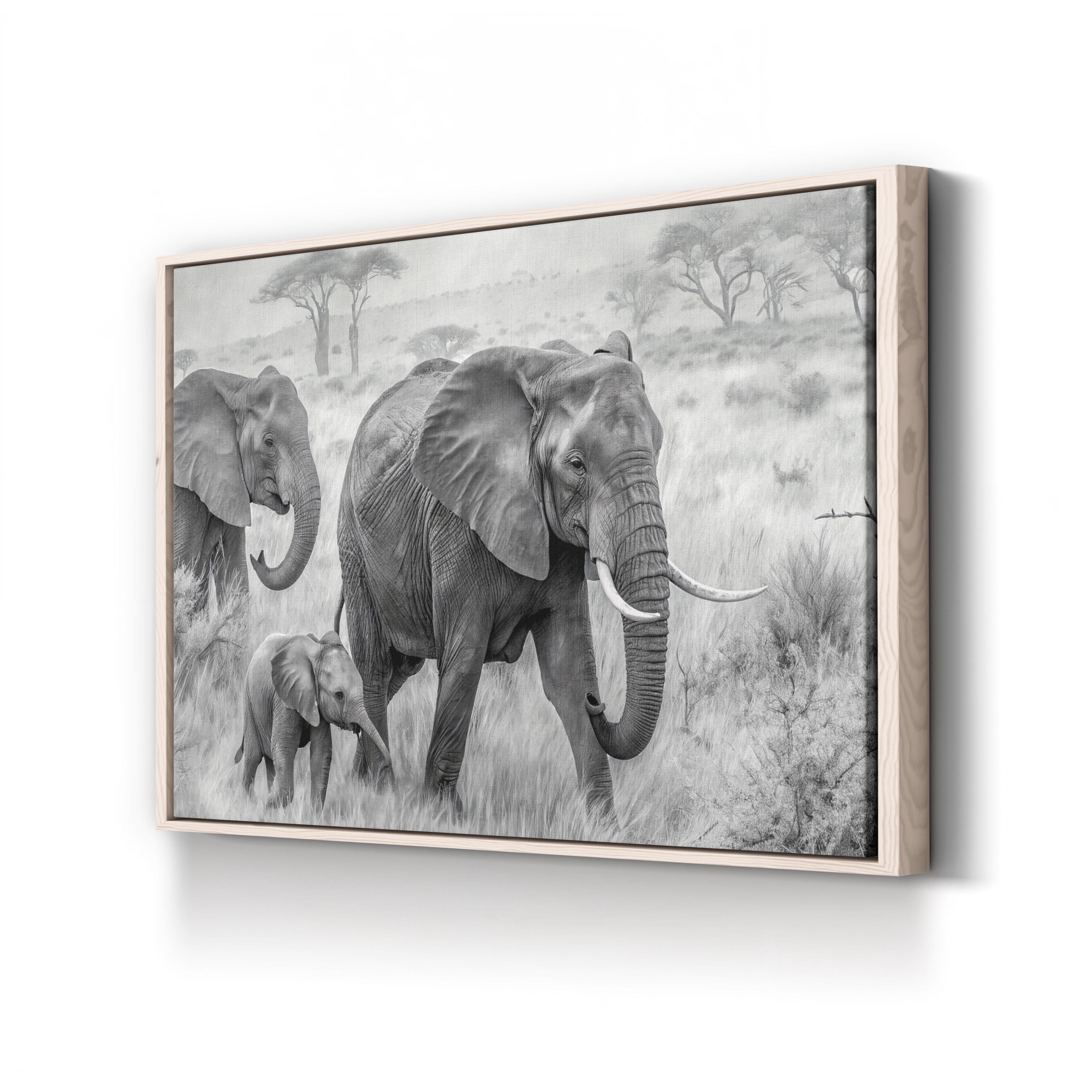 Elephant Family B&W Canvas – African Savannah Wildlife Wall Art