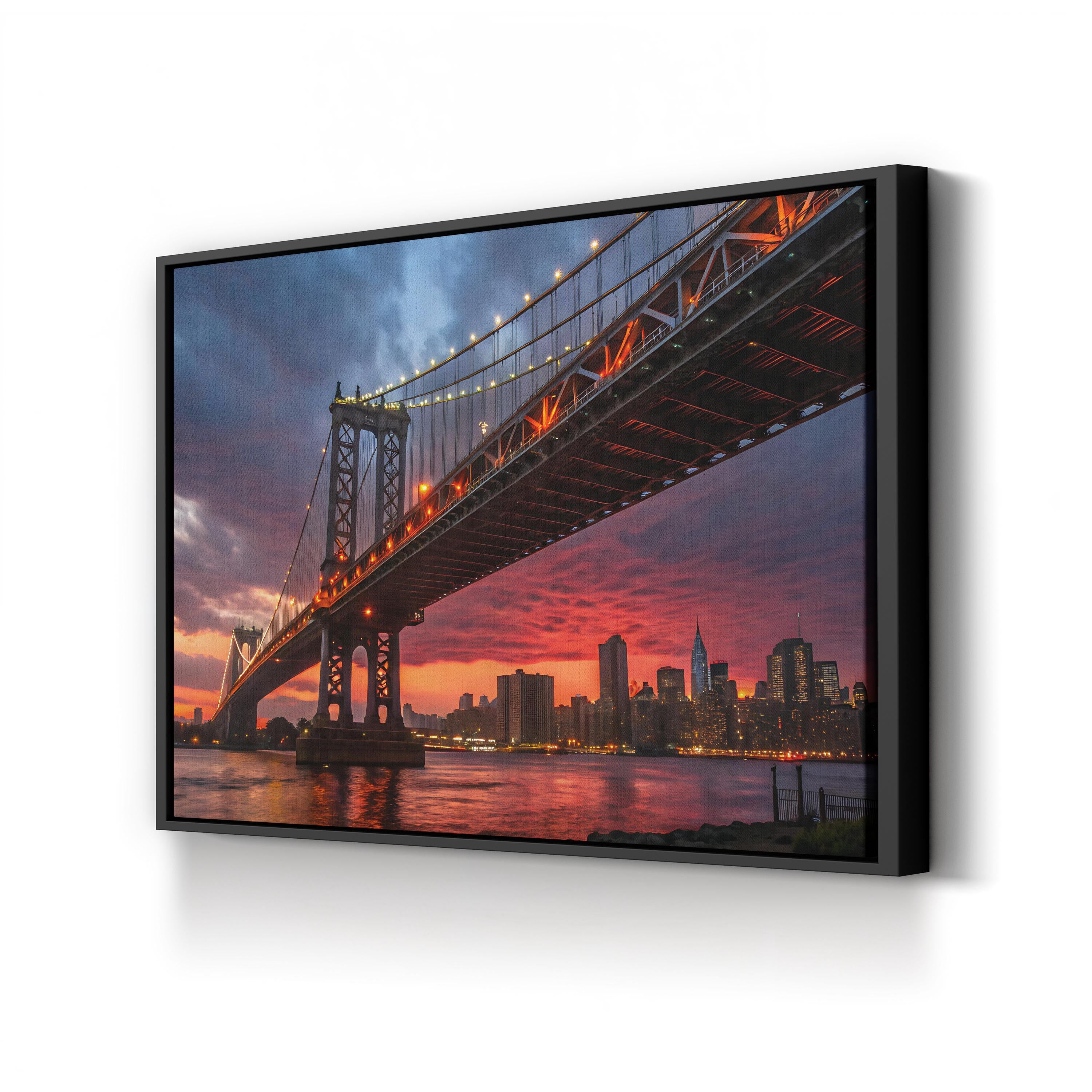 Manhattan Bridge Sunset — Manhattan Bridge & New York City Skyline Framed Canvas Wall Art