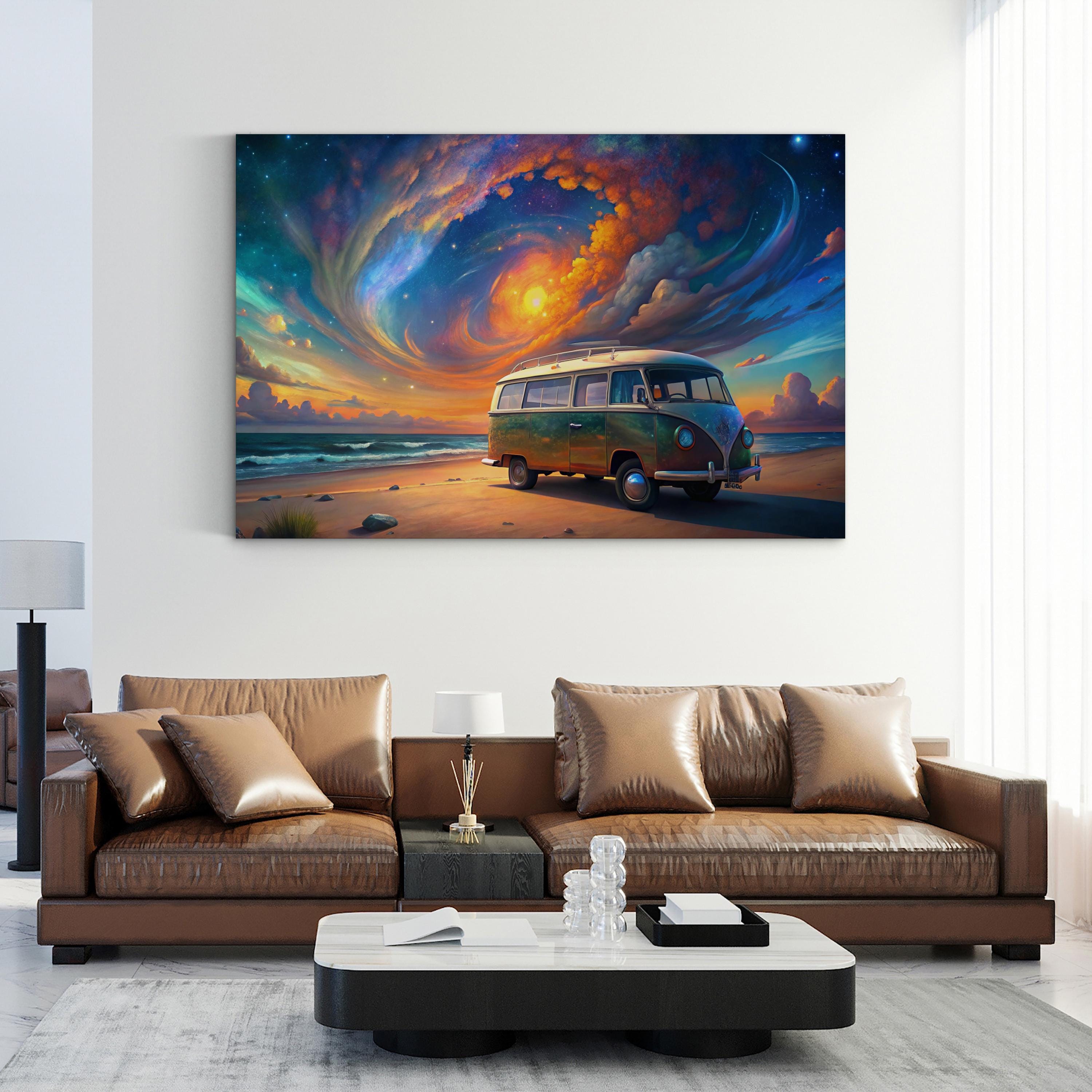 Van Life Beach Sunset – Period Illustration Wall Art | Coastal Landscape Canvas Print