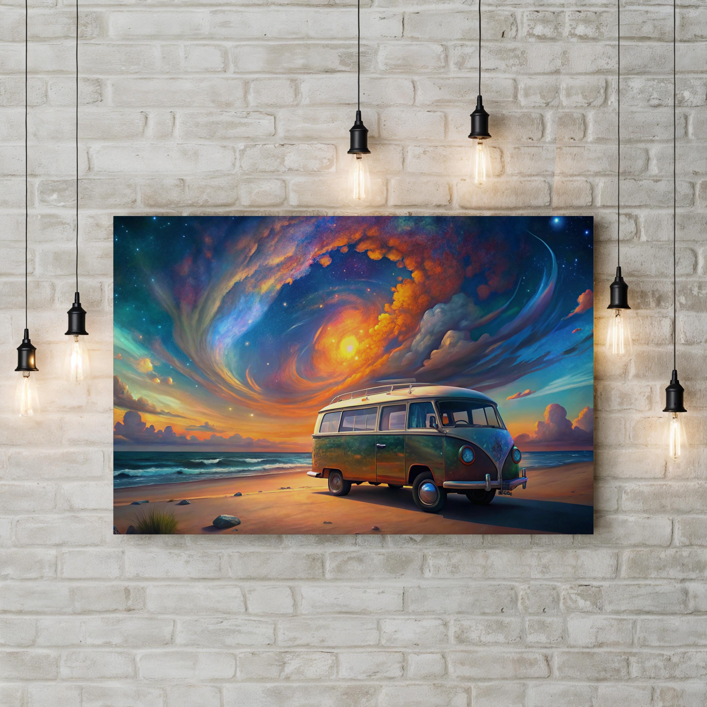 Van Life Beach Sunset – Period Illustration Wall Art | Coastal Landscape Canvas Print