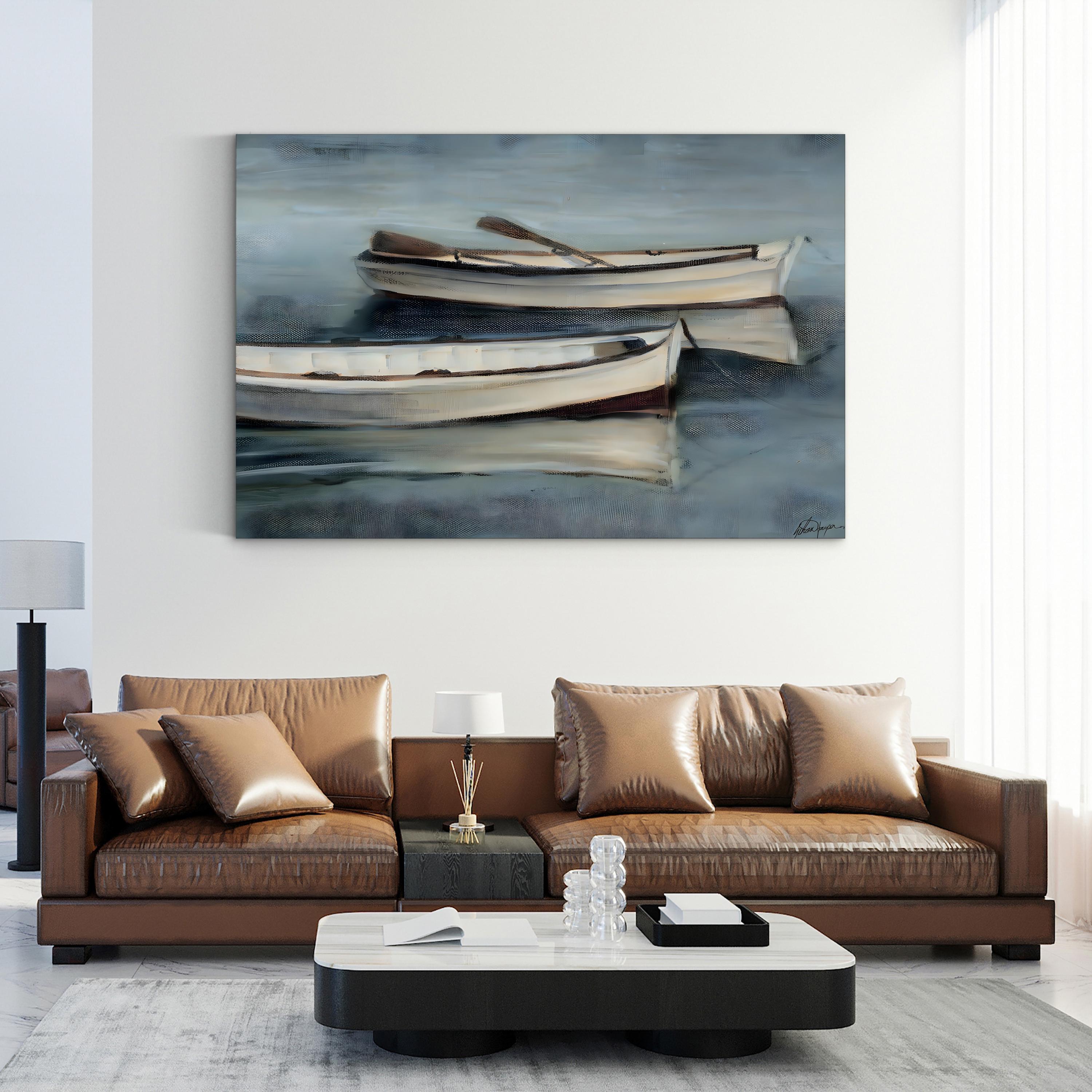 Small Stillwaters III Wall Art by Ethan Harper | Tranquil Rowboats Coastal Landscape Canvas Print