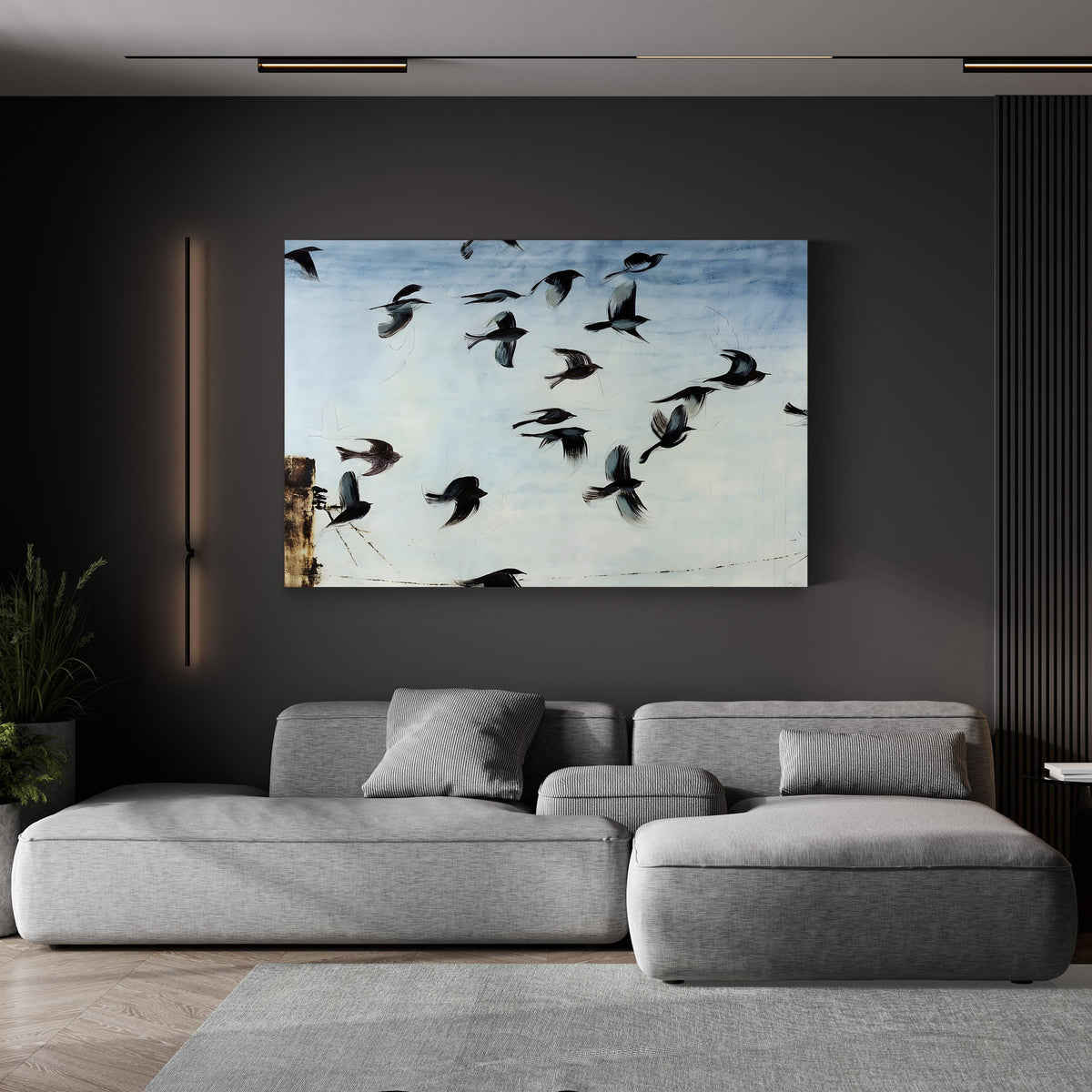Sparrows by Kari Taylor canvas print displayed in a modern living room