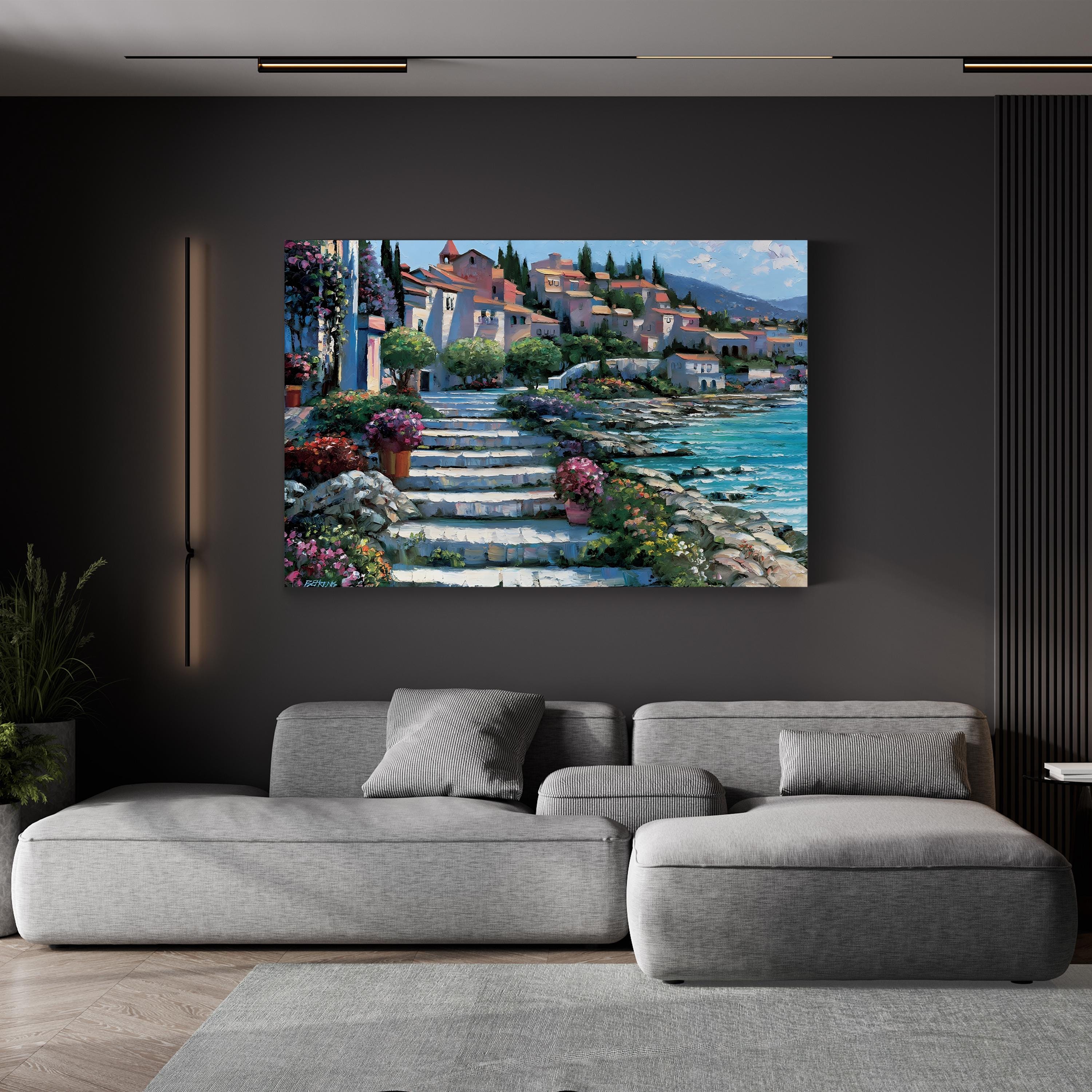 Steps of St. Tropez Canvas Art Print: Mediterranean Coastal Architecture by Howard Behrens