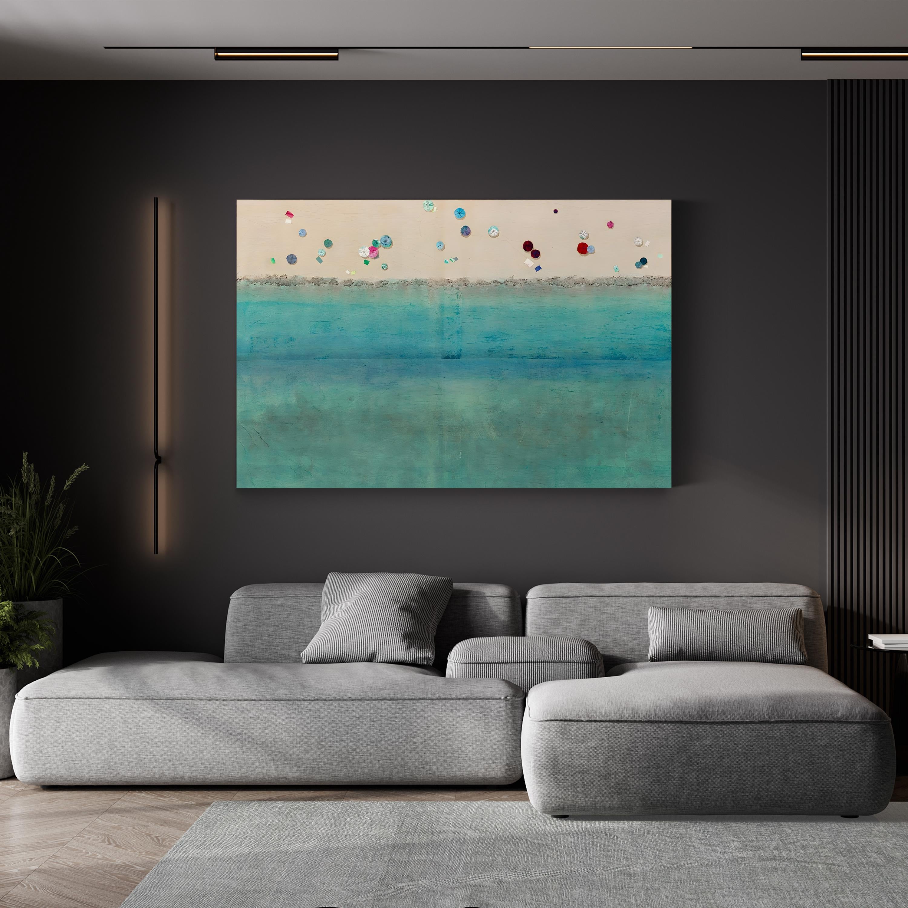 Beach Umbrella Coastal Scene – Period Illustration Wall Art | Vibrant Summer Canvas Print