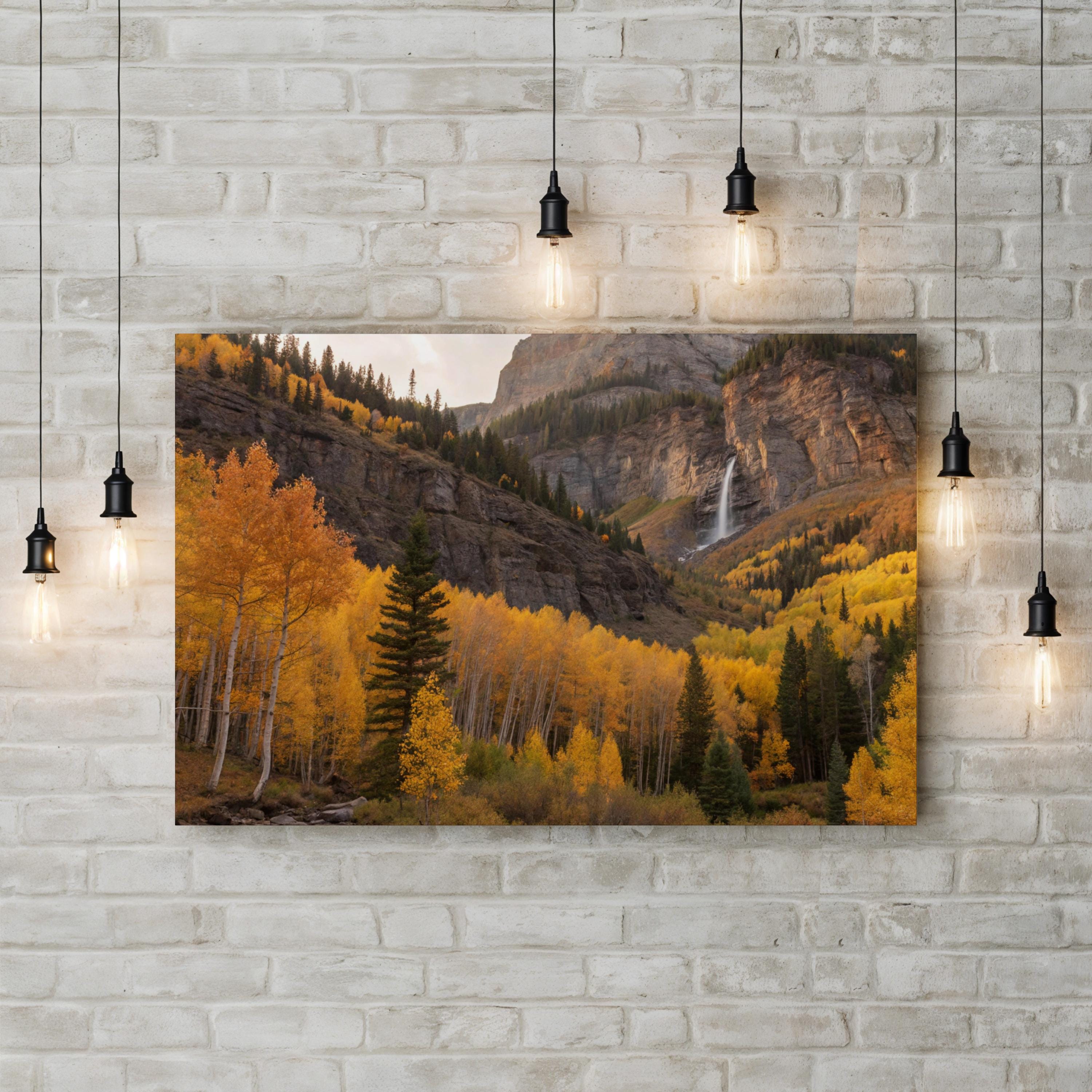 Mountain Valley Waterfall Autumn – Vintage Photography Wall Art | Scenic Landscape Canvas Print