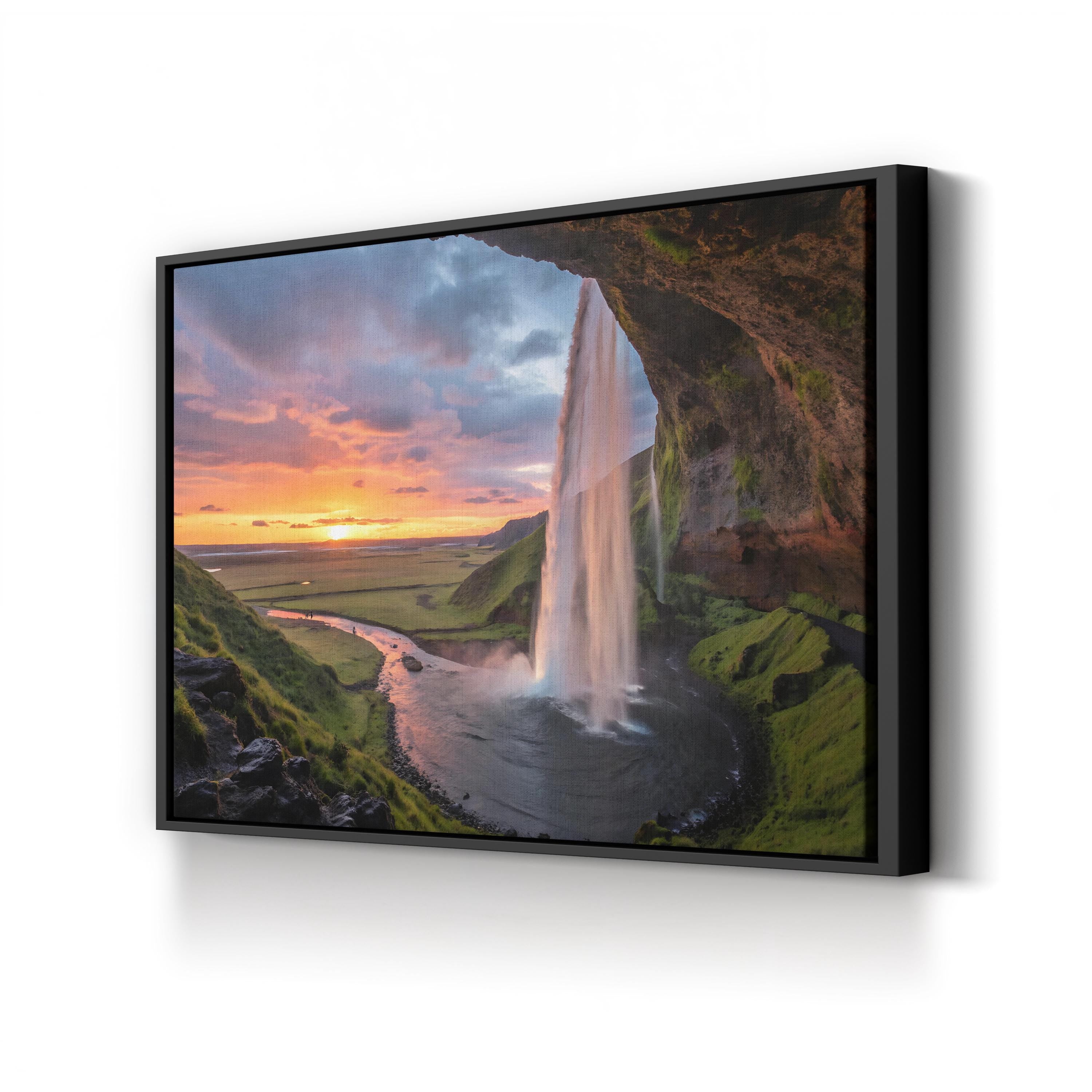 Fiery Waterfall Canvas Art — Dramatic Sunset Landscape Photography