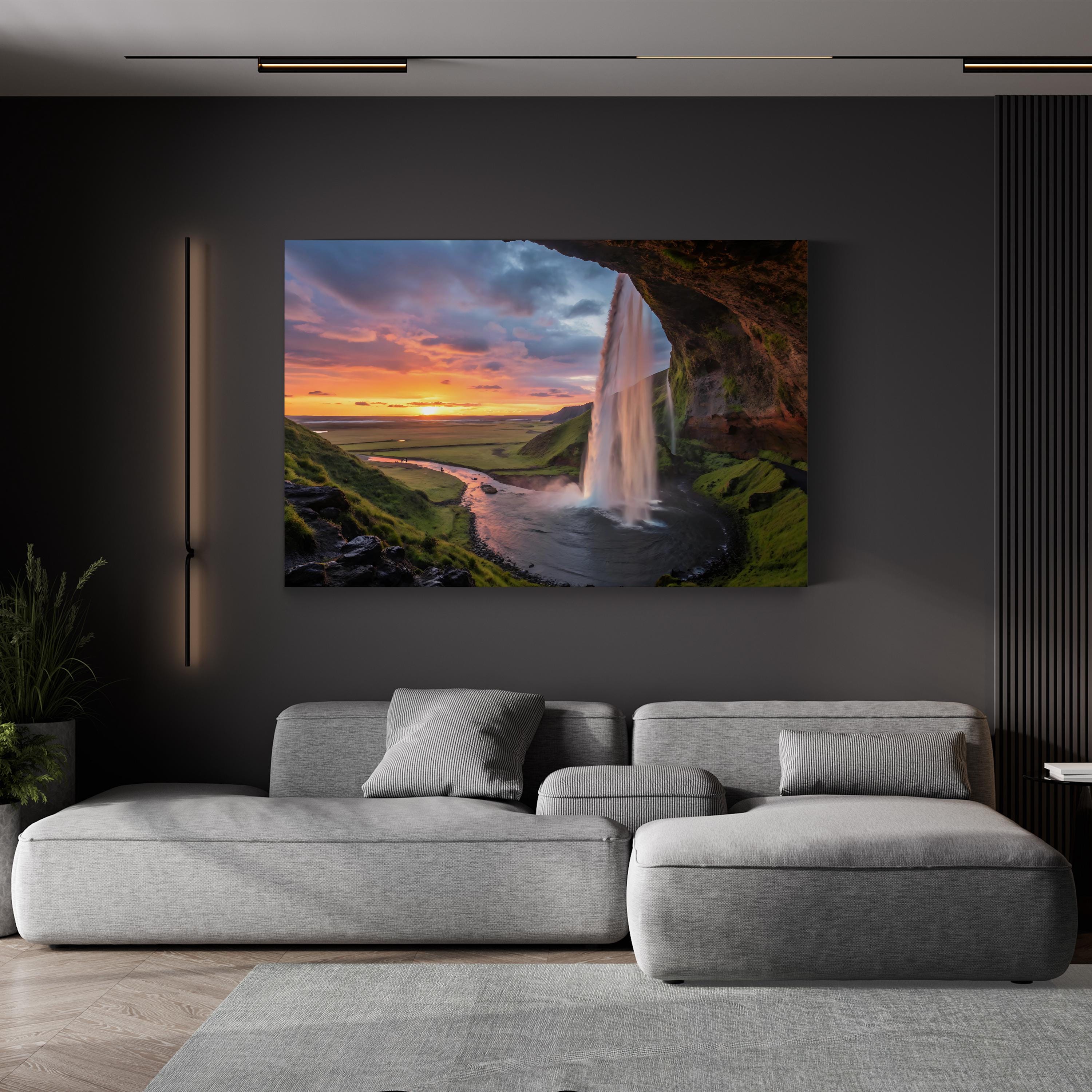 Fiery Waterfall Canvas Art — Dramatic Sunset Landscape Photography