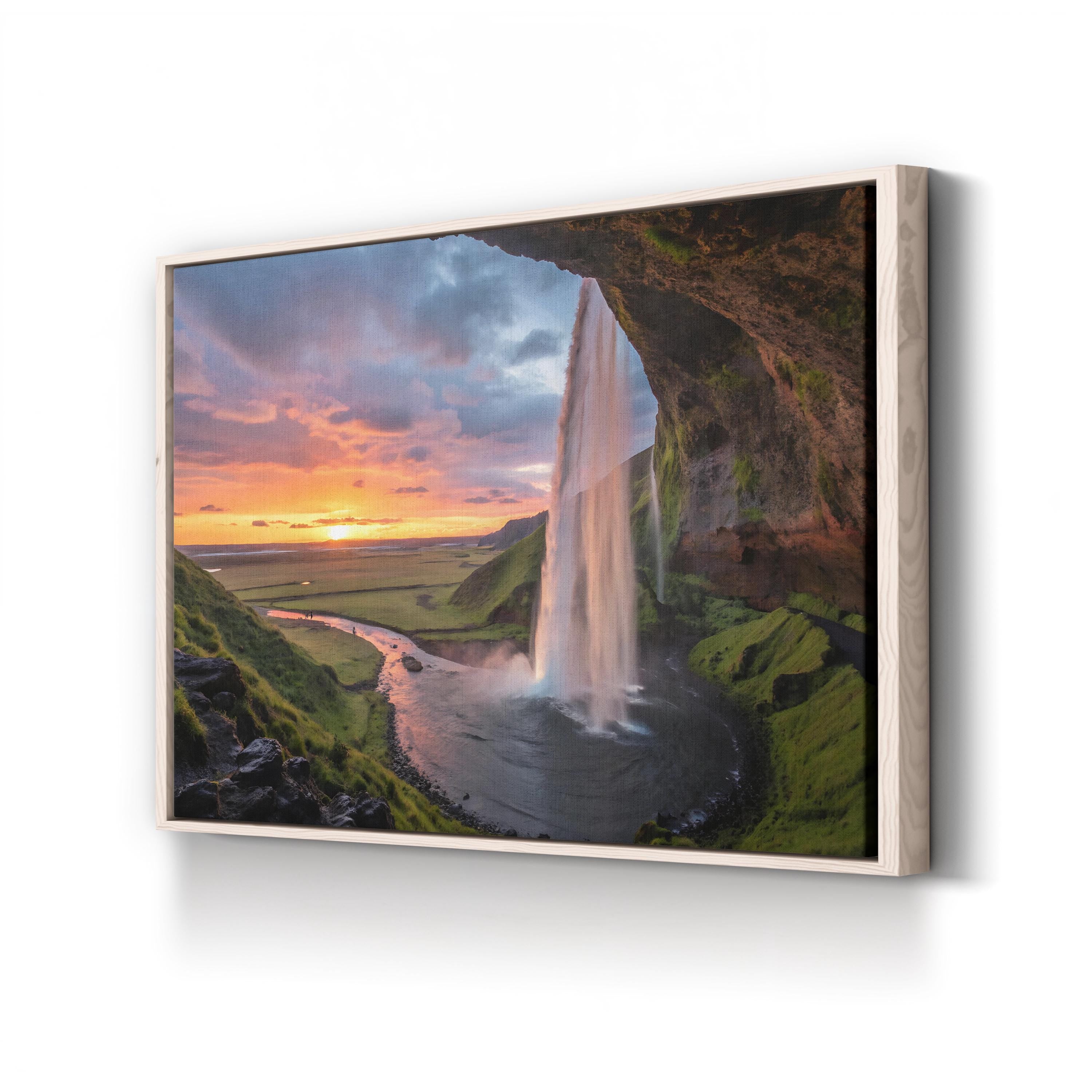 Fiery Waterfall Canvas Art — Dramatic Sunset Landscape Photography